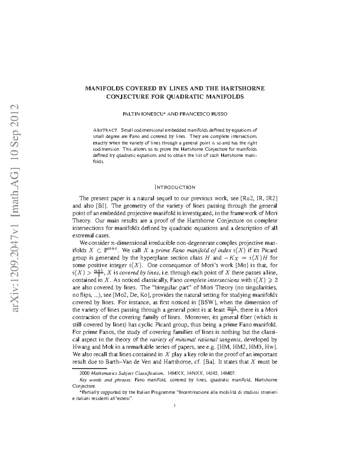 1209 Cours arXiv1209 [math] 10 Sep 2012 MANIFOLDS COVERED BY LINES