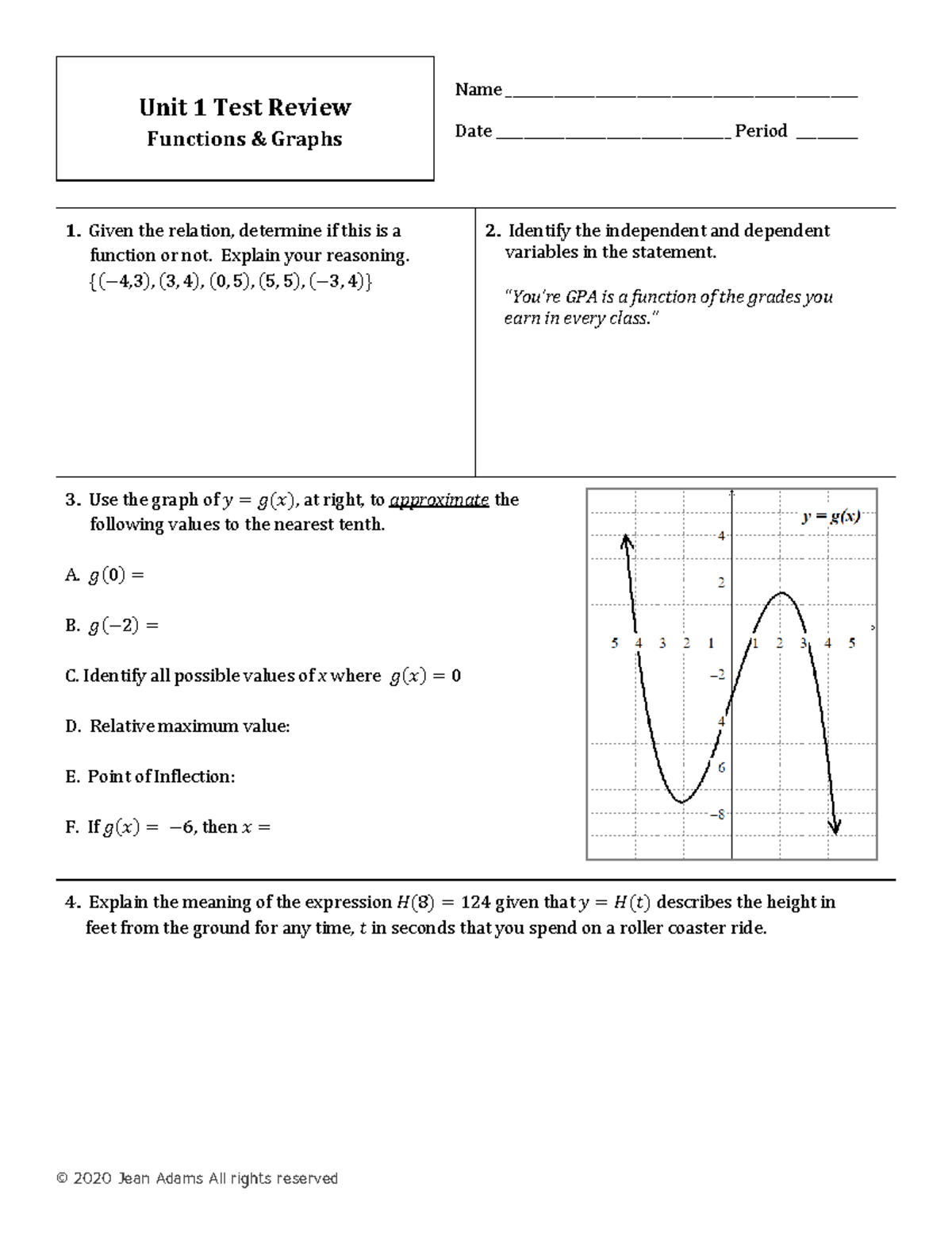 Pre-Calc - Unit 1 Test Review - Unit 1 Test Review Functions & Graphs ...