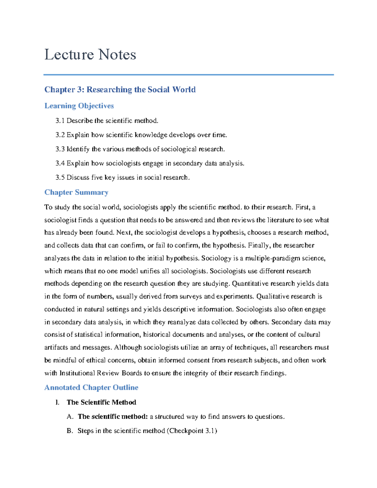 Week 3 Notes 1 - Lecture Notes Chapter 3: Researching The Social World ...