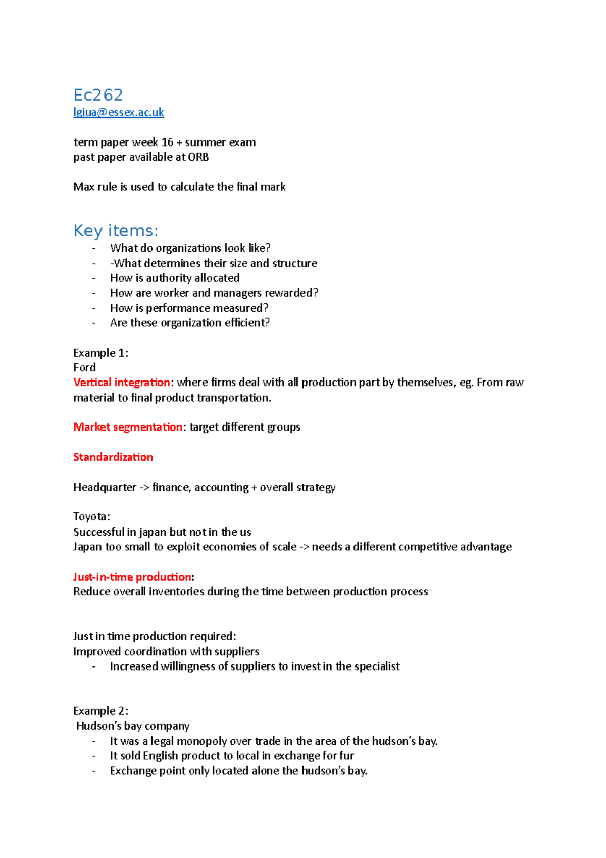 Ec262 lesson 1 notes - Ec lgiua@essex.ac term paper week 16 + summer ...