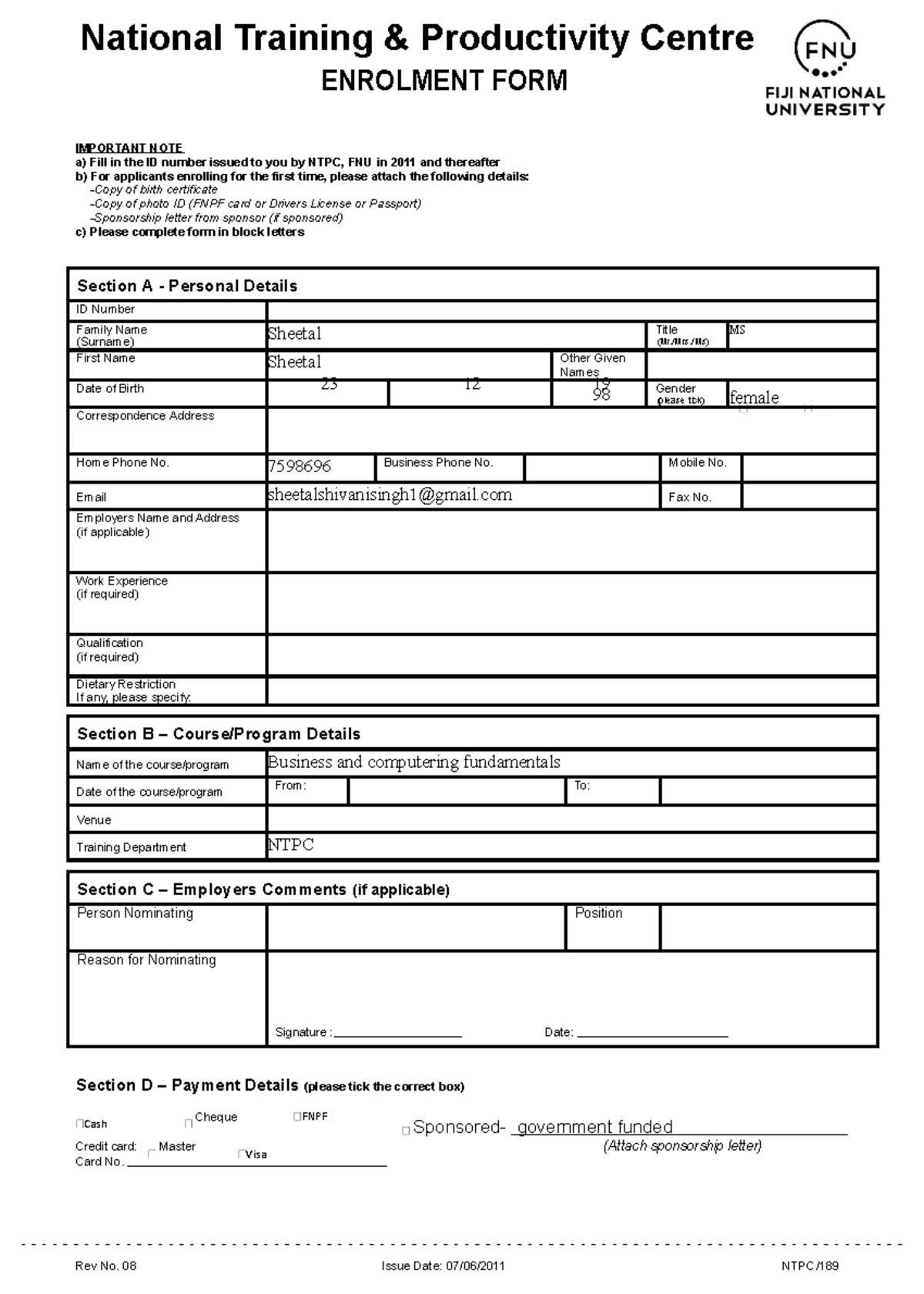 Enrolment Form - hy whats up thou - Rev No. 08 Issue Date: 07/06/2011 ...