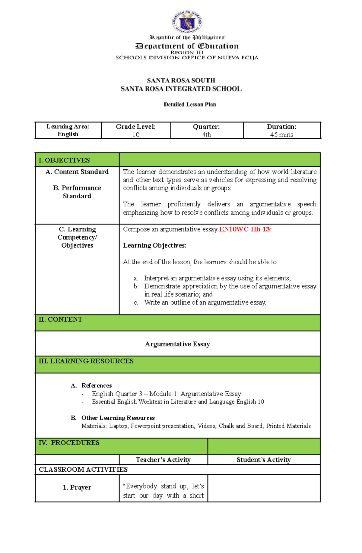 Argumentative essay detailed lesson plan - Learning Area: English Grade ...