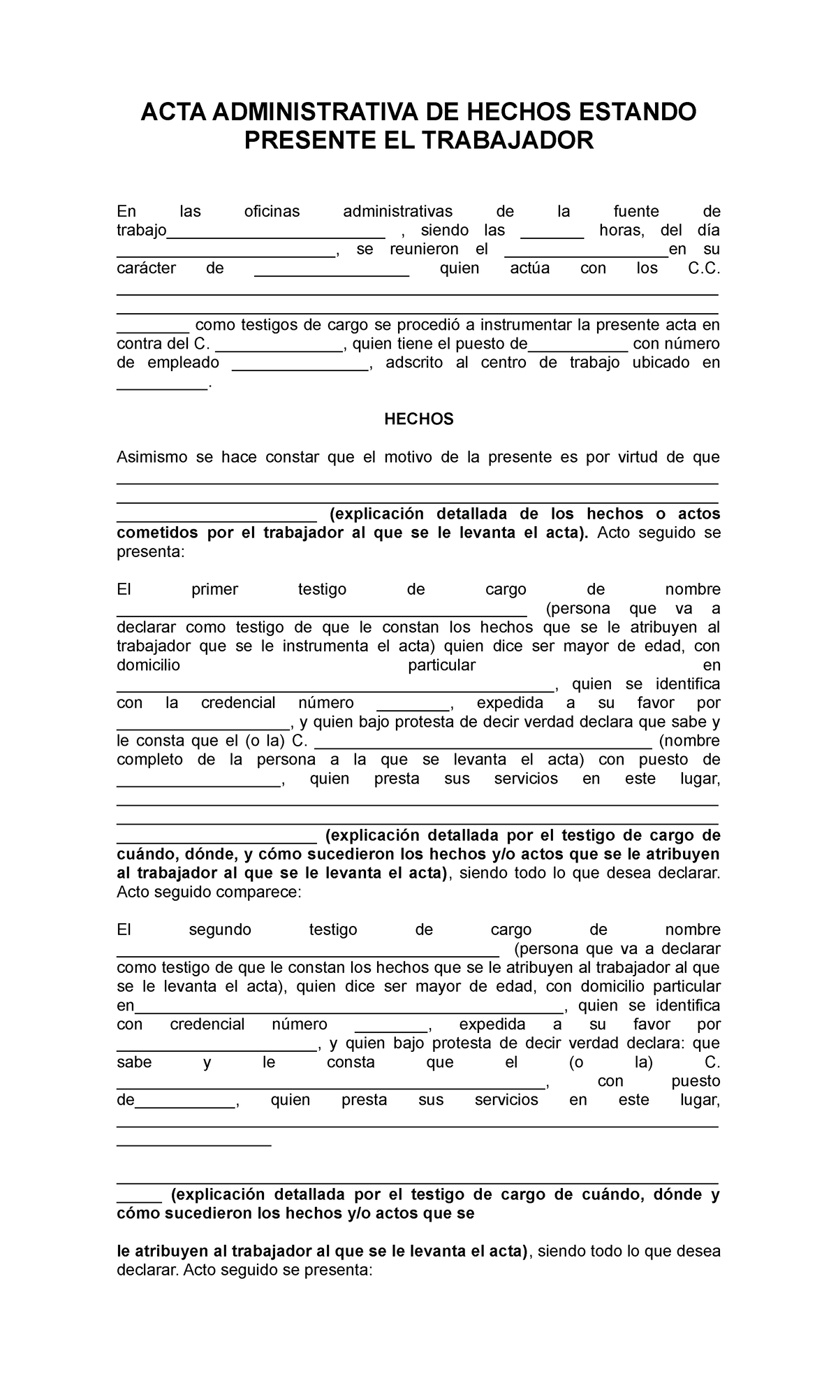 Acta administrativa de hechos ejemplo 2022 - ACTA ADMINISTRATIVA DE HECHOS  ESTANDO PRESENTE EL - Studocu