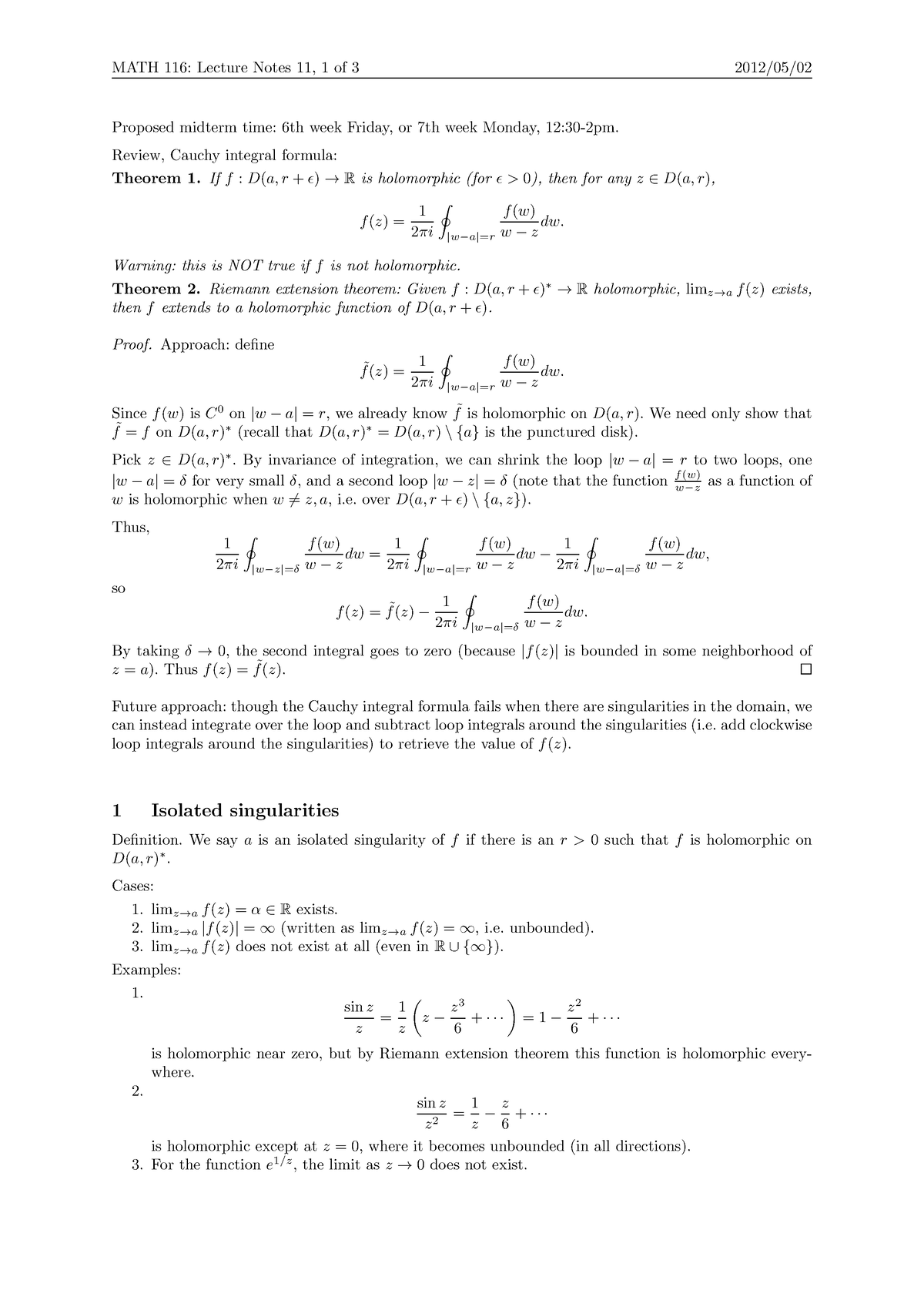 Notes 11 - MATH 116: Lecture Notes 11, 1 of 3 2012/05/ Proposed midterm ...