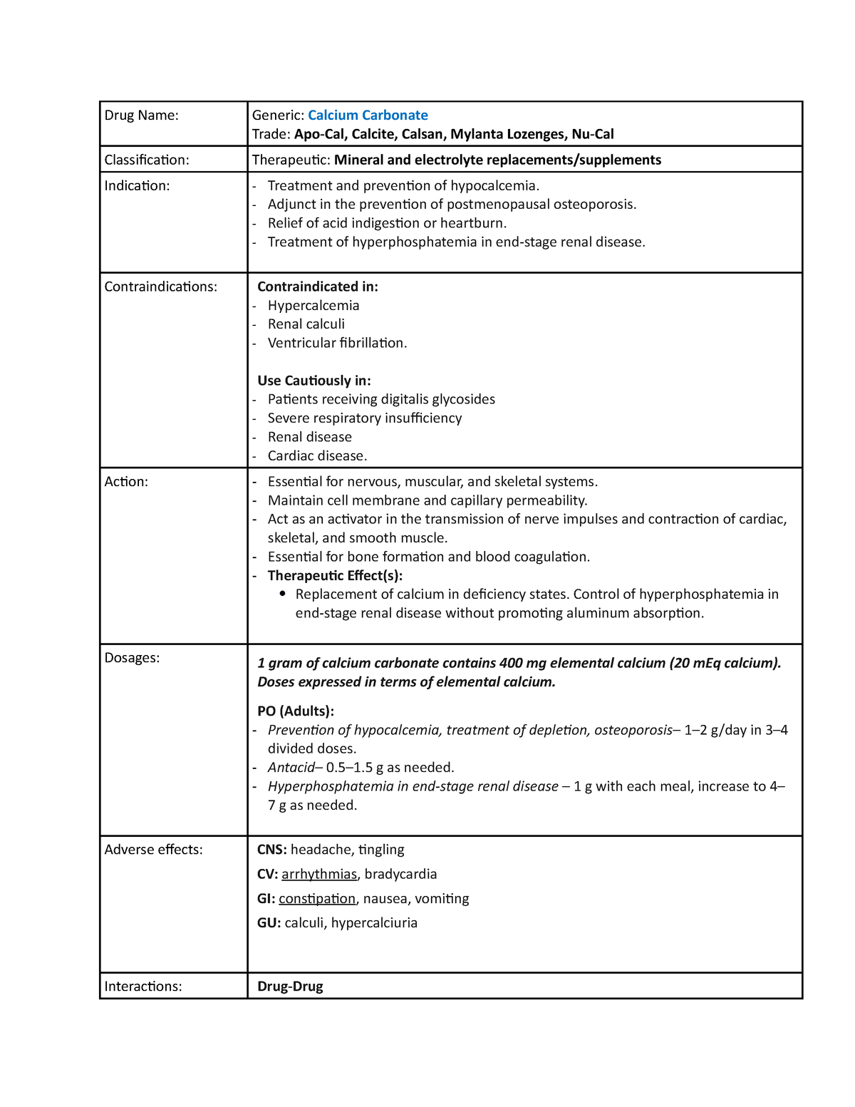 Calcium Carbonate - Medication card for skills and clinical - Drug Name ...