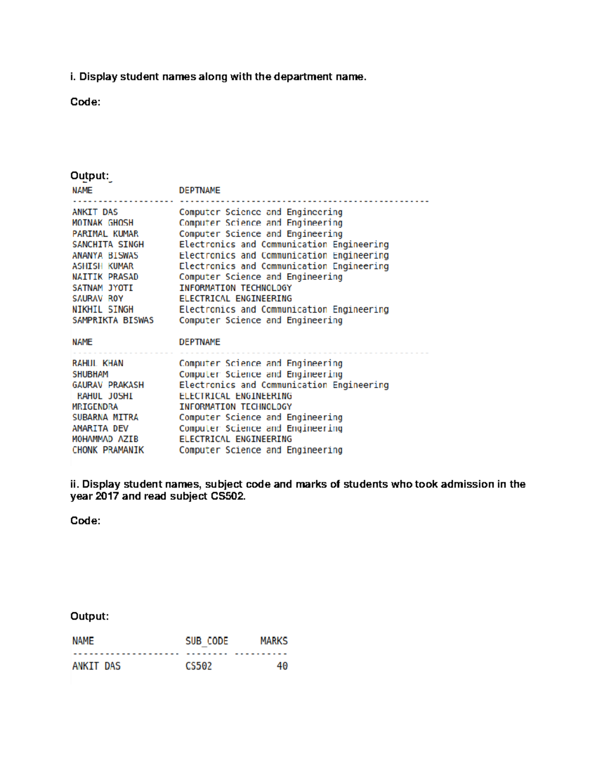 database management - i. Display student names along with the ...