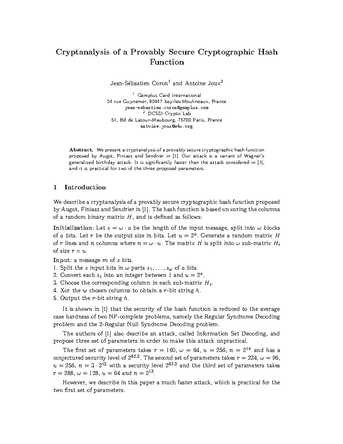 Cryptanalysis Of A Provably Secure Cryptographic Hash Function, Jean ...