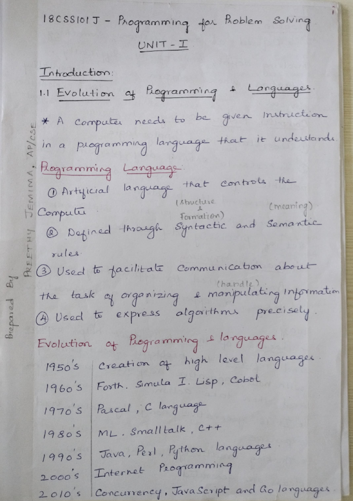 Unit 1 PPS Notes - Please give me elab solutions - 18CSS101J ...
