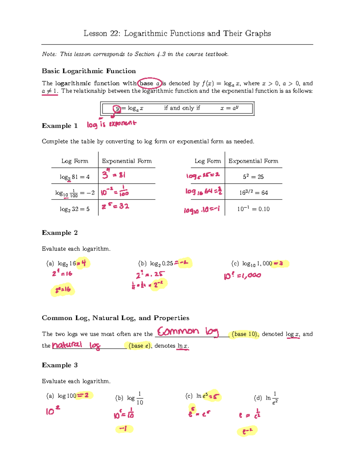 M119 NoteTaking Guide Lesson 22 (JRS) Lesson 22 Logarithmic