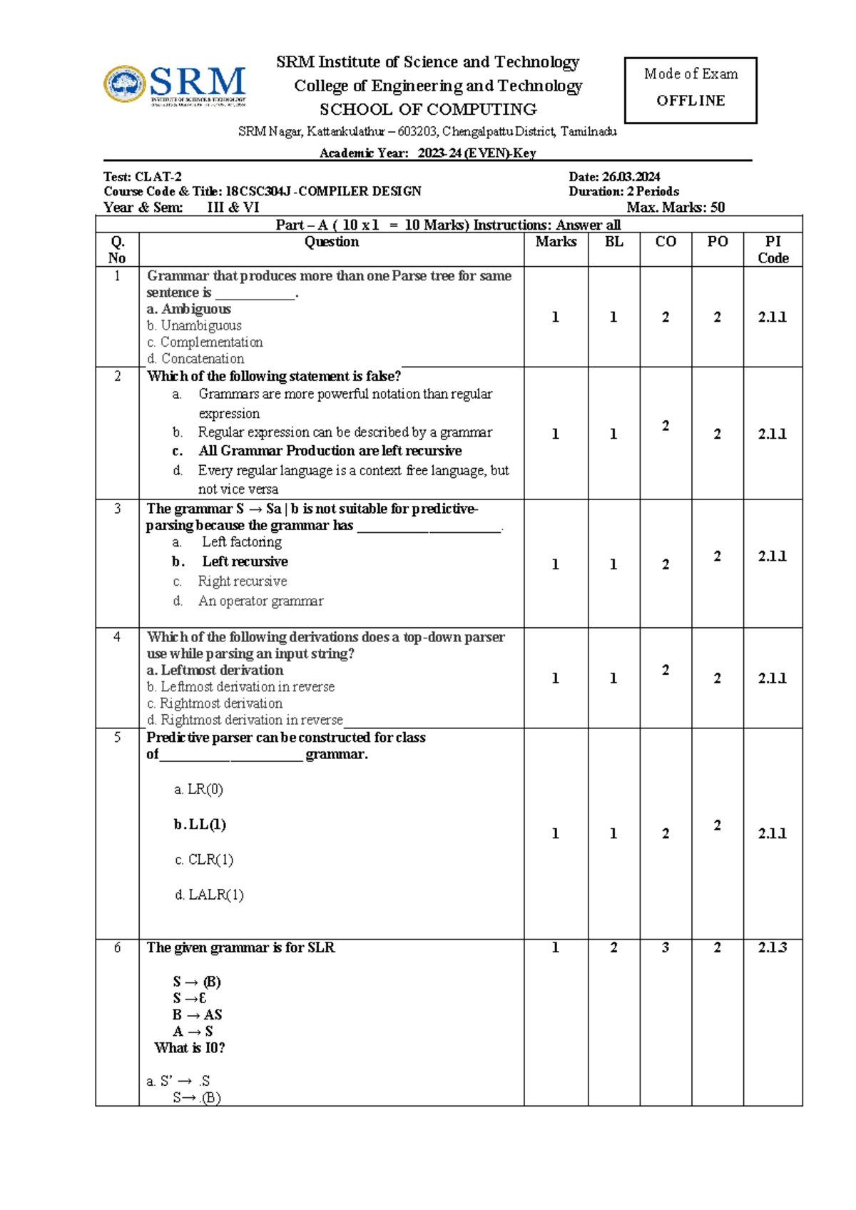 SET A Answer Key - Ct 2 - SRM Institute of Science and Technology ...