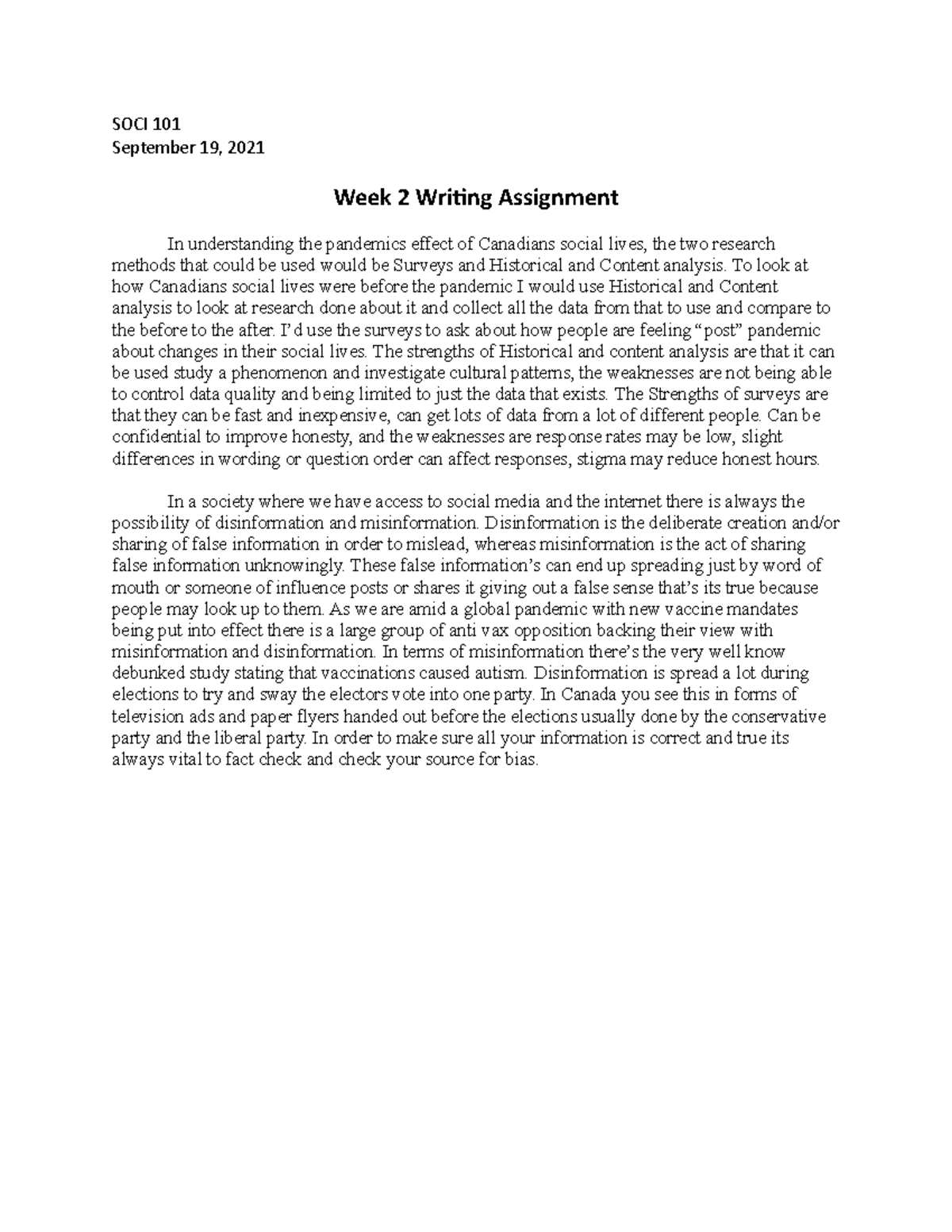 Week 2 writting - assignment - SOCI 101 September 19, 2021 Week 2 ...