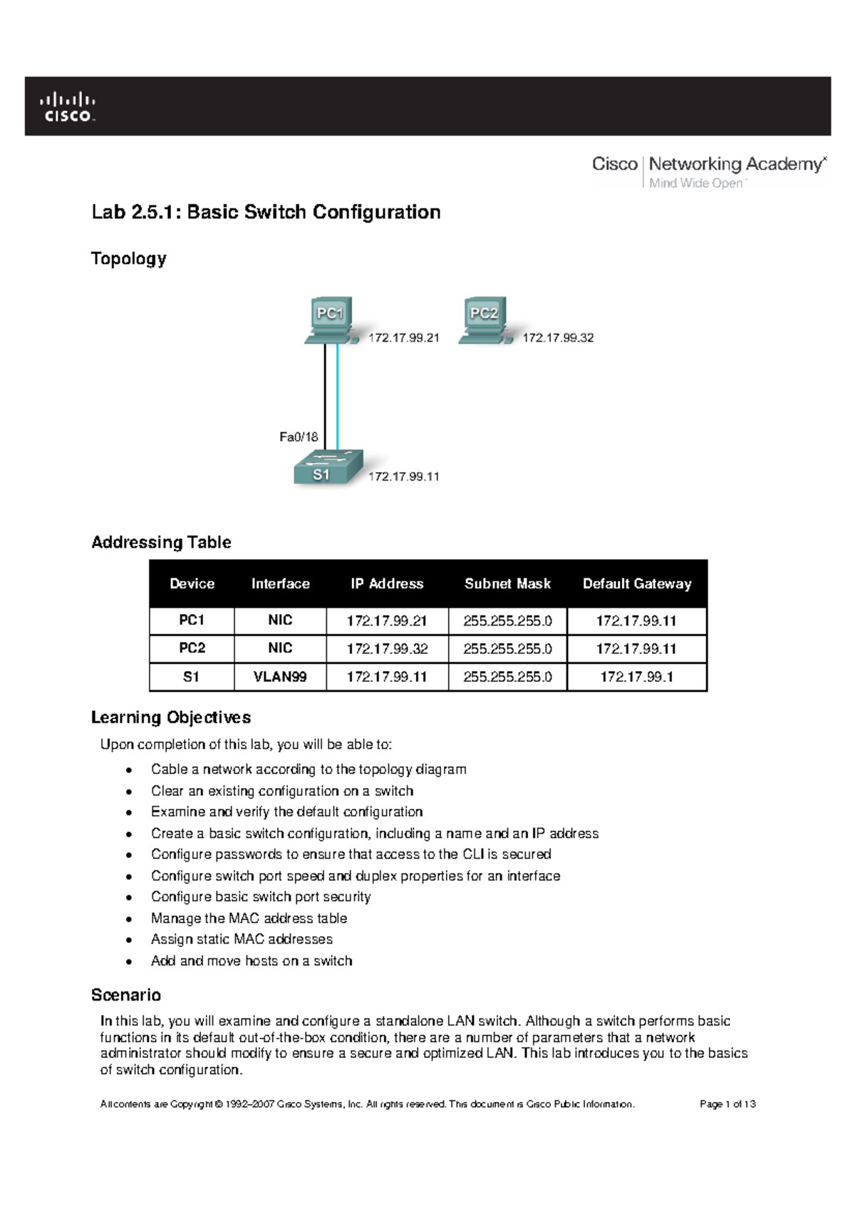 2 1 - notes - Lab 2.5: Basic Switch Configuration Topology Addressing ...