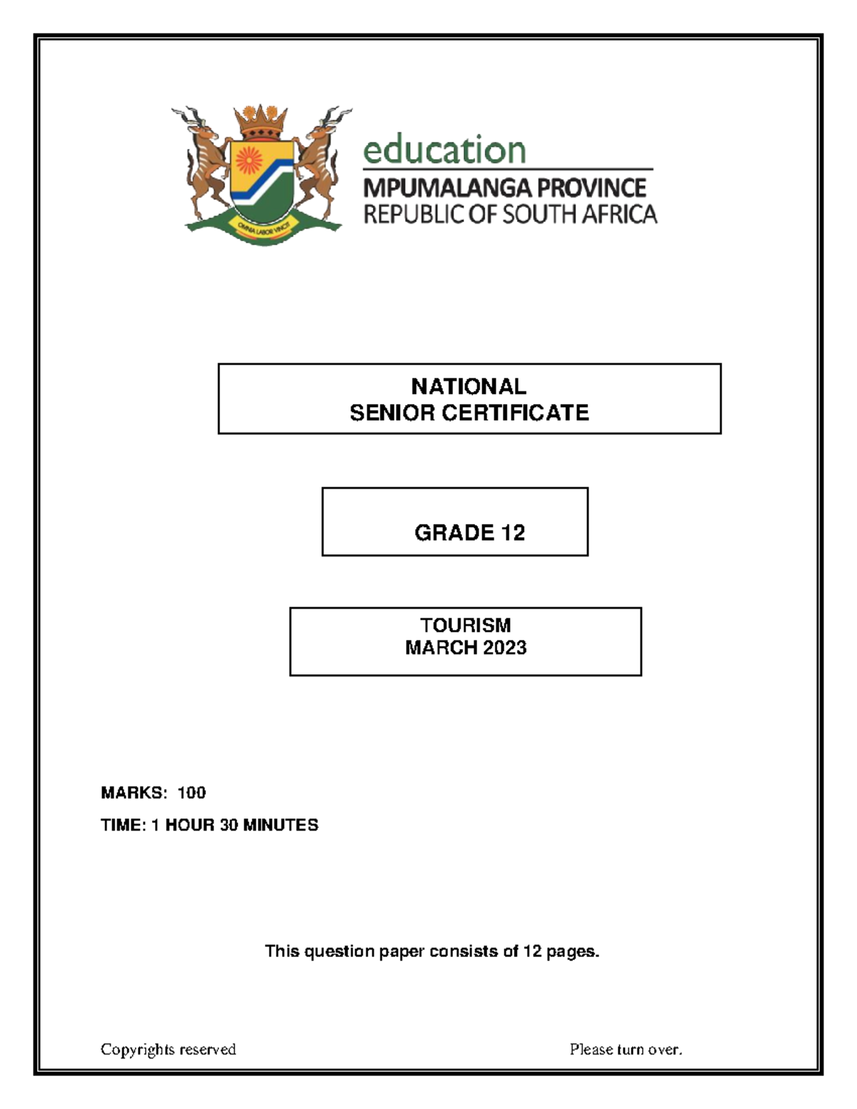 Tourim Grade 12 March Test 2024 - Marks: 100 Time: 1 Hour 30 Minutes 