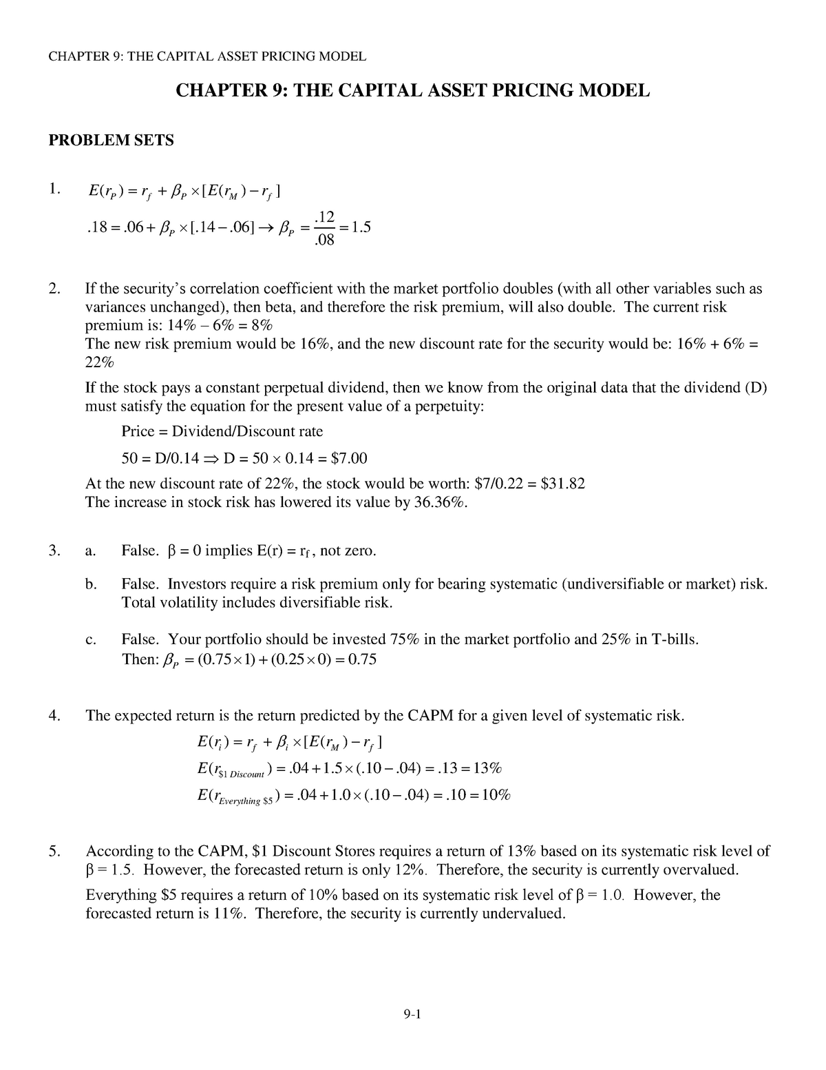 Ch9 Inv Answer - CHAPTER 9: THE CAPITAL ASSET PRICING MODEL PROBLEM ...