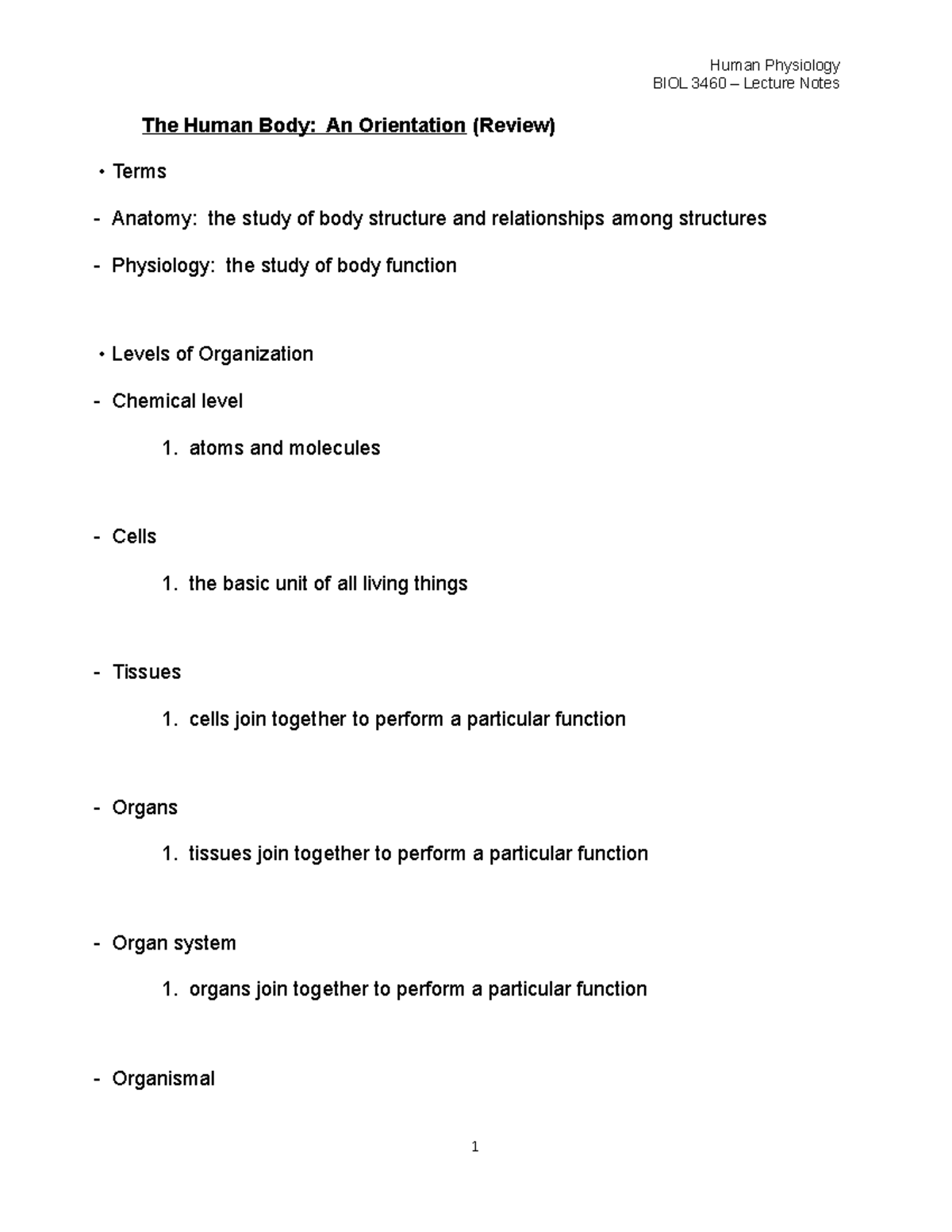 2021BIOL 3460 Human Physiology LectureNotes The Human Body