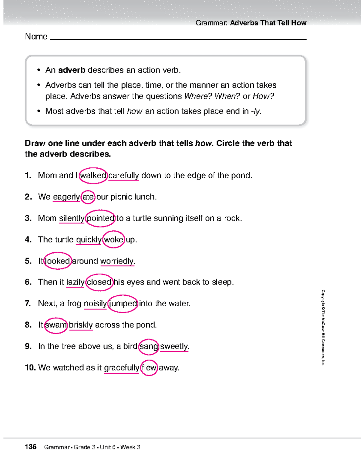 Adverb Exercise - Name Grammar: Adverbs That Tell How Draw one line ...