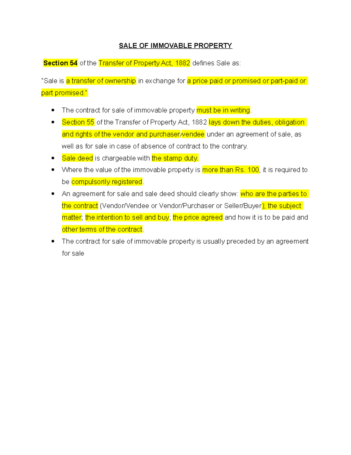 Agreement FOR SALE good notes SALE OF IMMOVABLE PROPERTY Section 54