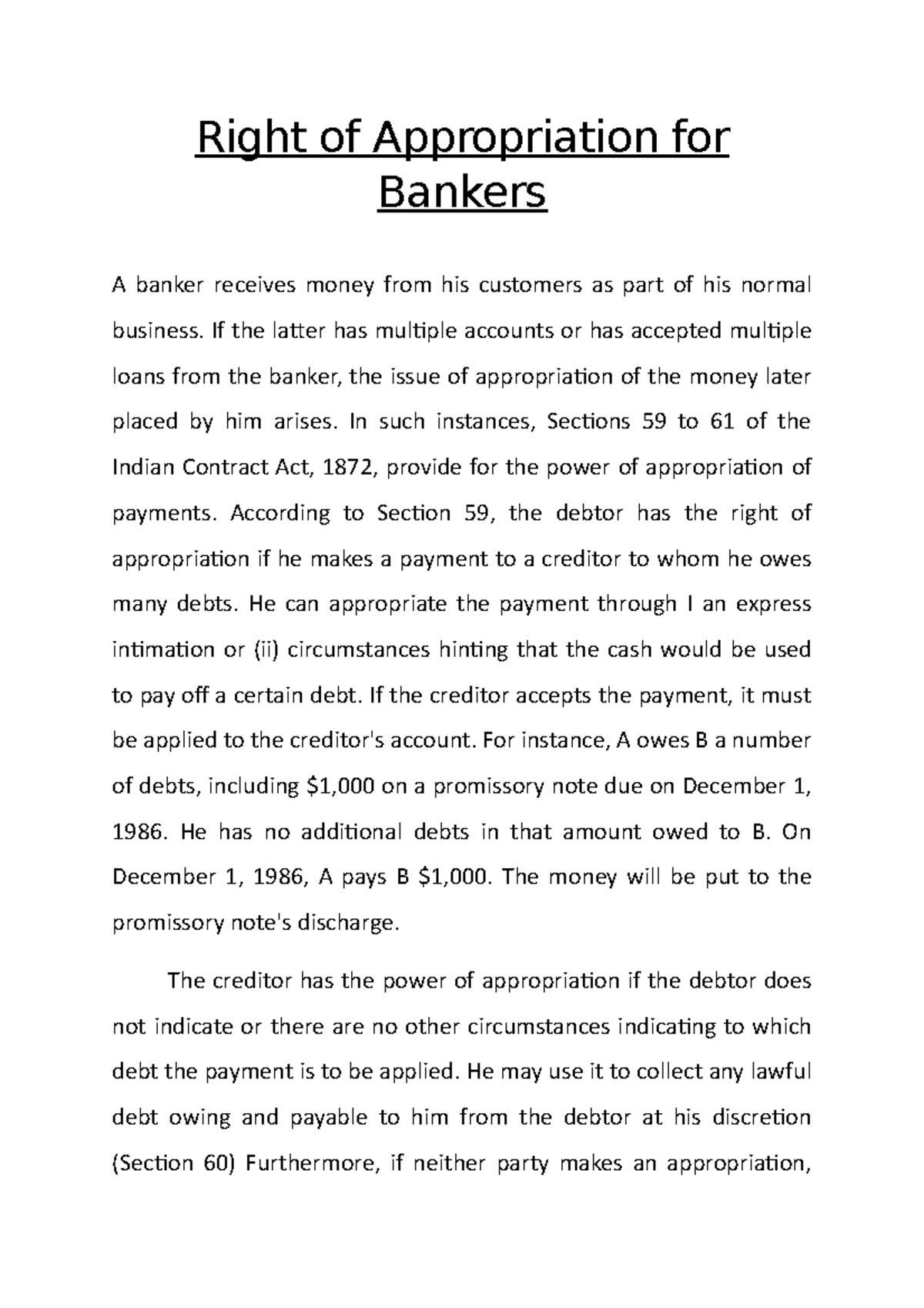 NOTE ON Banker'S Rights Right of Appropriation Right of Appropriation