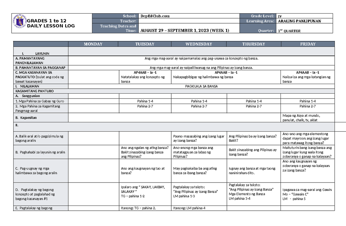 DLL Araling Panlipunan 4 Q1 W1 - GRADES 1 to 12 DAILY LESSON LOG School ...
