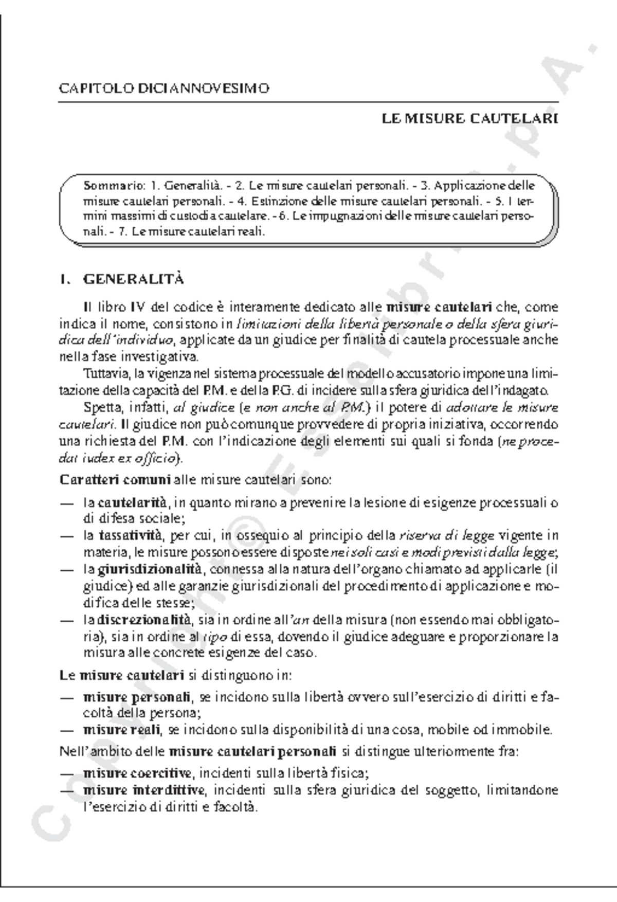 Misure cautelari Sintesi della classificazione delle misure cautelari