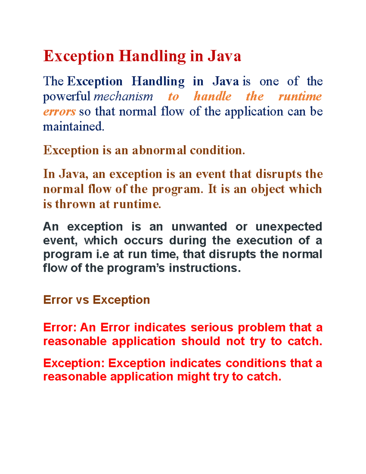 Exception Handling - Java Notes - Exception Handling In Java The ...