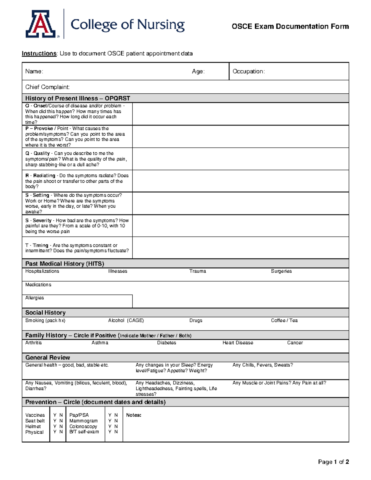 Osce Student Exam Documentation Form - Page 1 Of 2 Osce Exam 