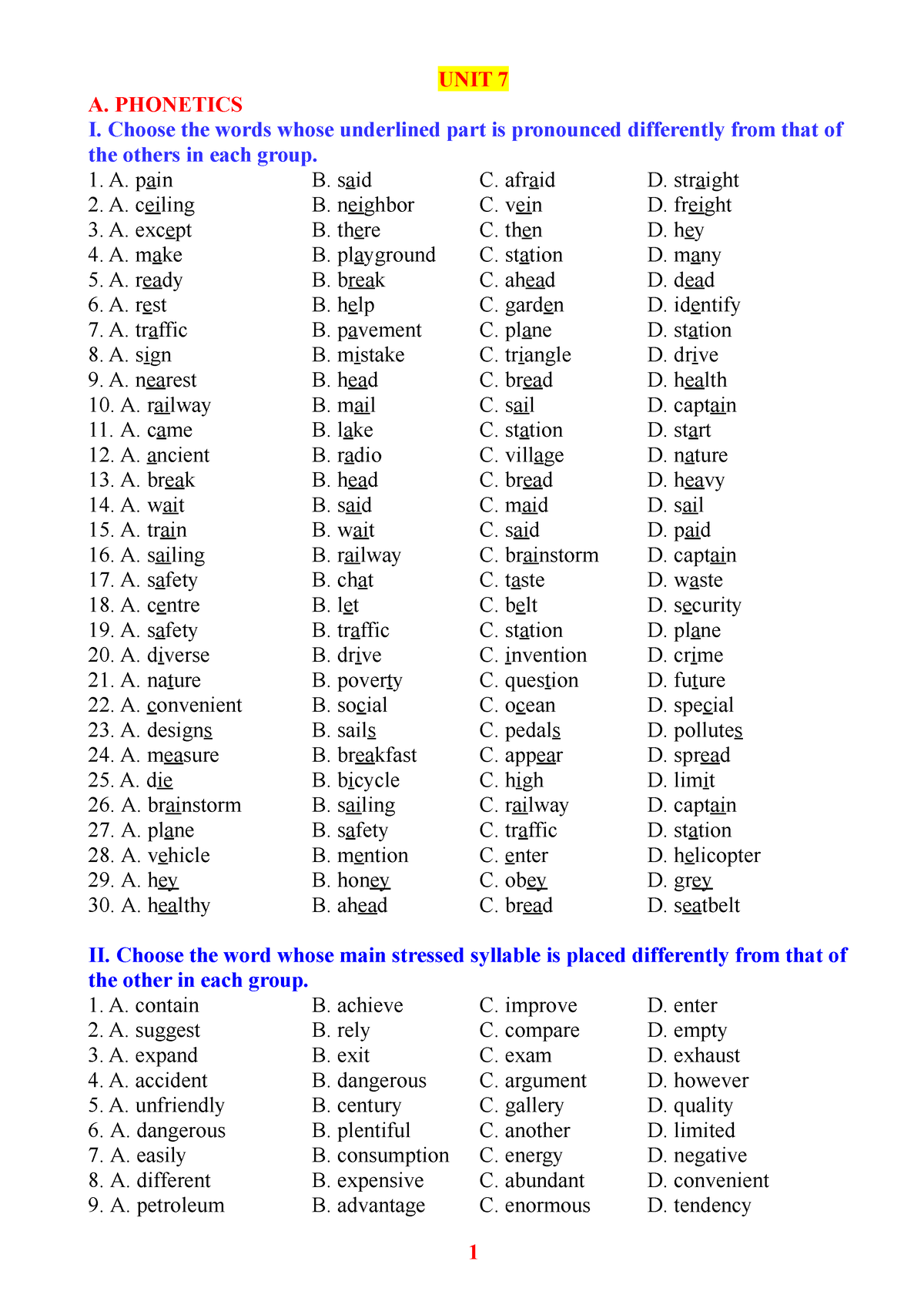 E7 UNIT 7 - HS - Abaaa - UNIT 7 A. PHONETICS I. Choose The Words Whose ...