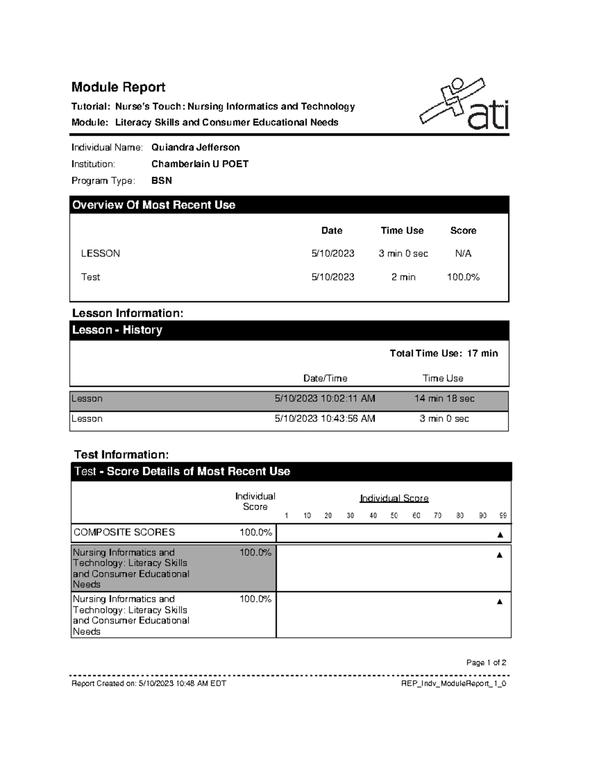 Module Report nurse Touch 1 Individual Name Institution Program
