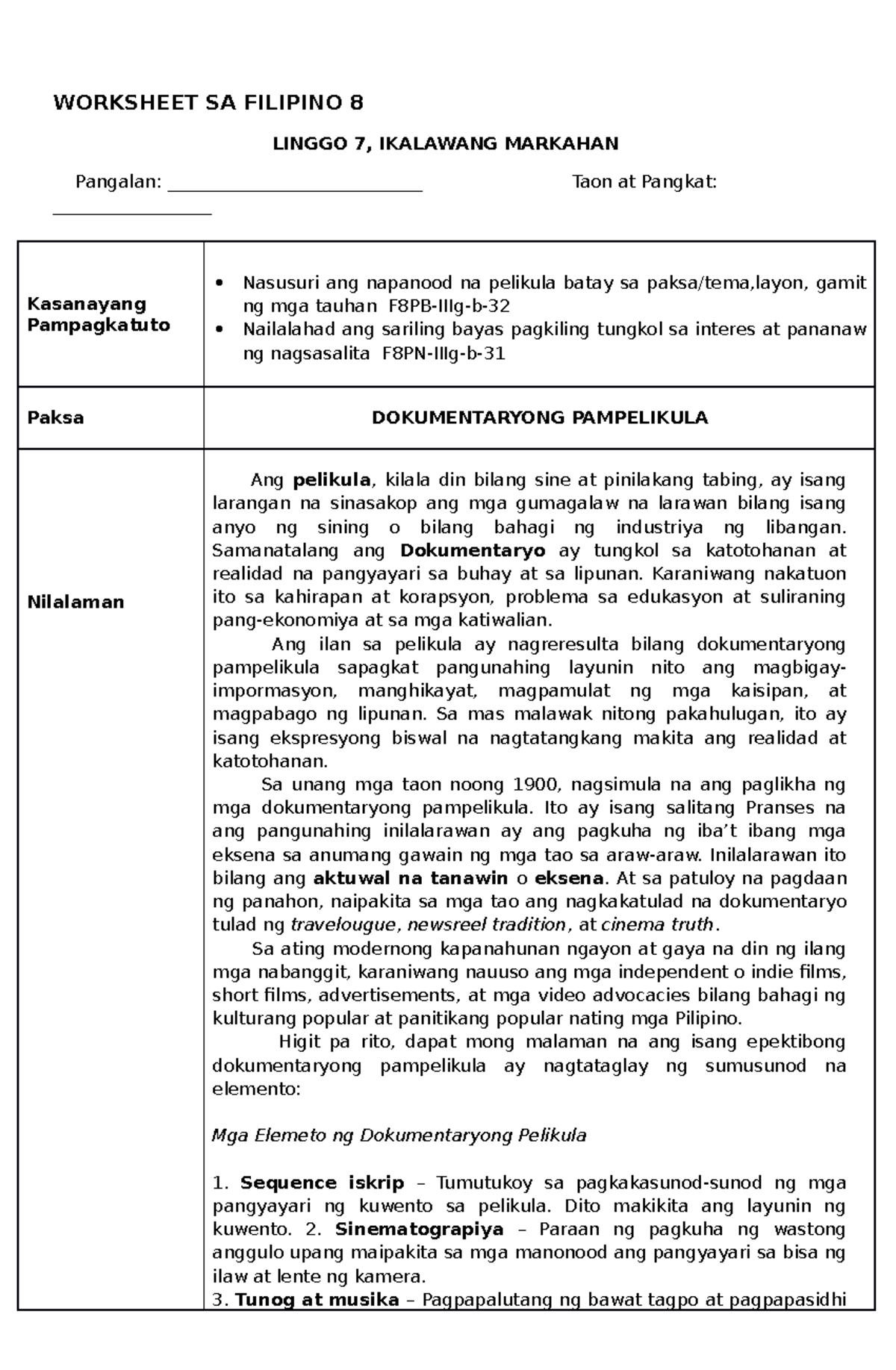 FILIPINO 8 IKALAWANG MARKAHAN LAS Q2 WEEK 7 - WORKSHEET SA FILIPINO 8 ...