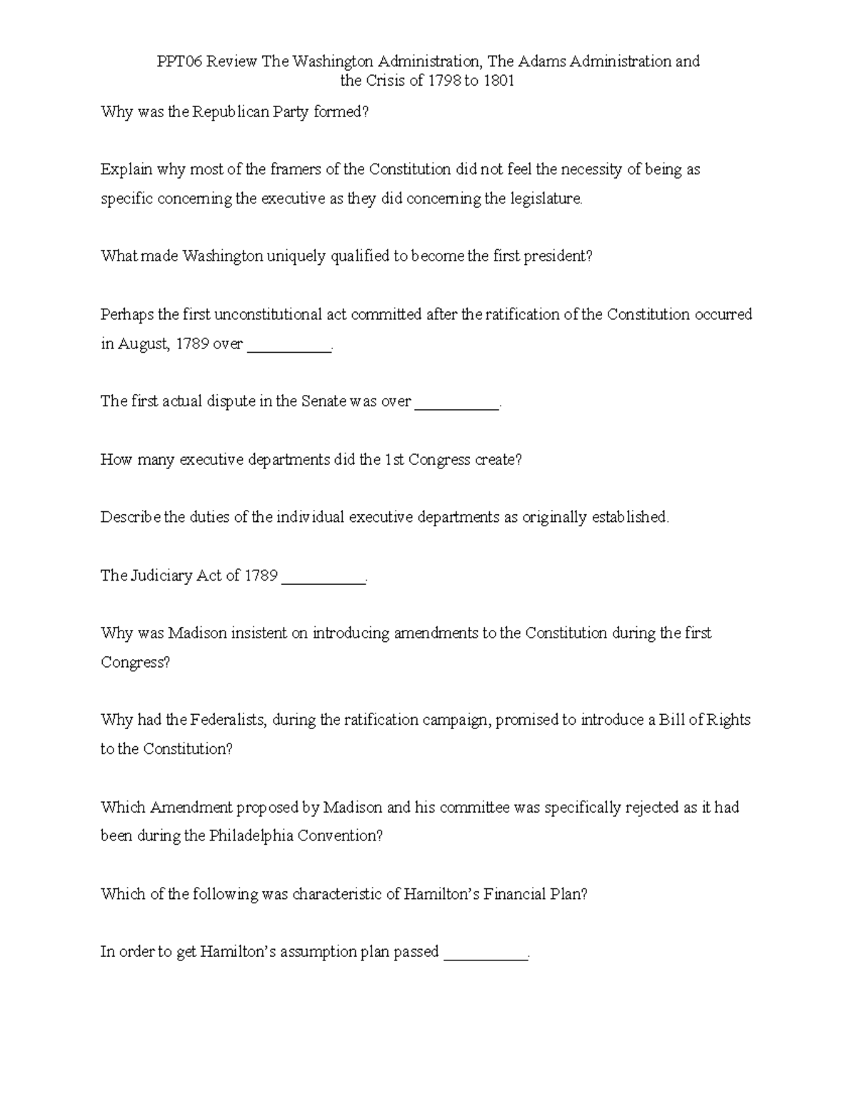 PPT06 Review The Washington Administration The Adams Administration and ...