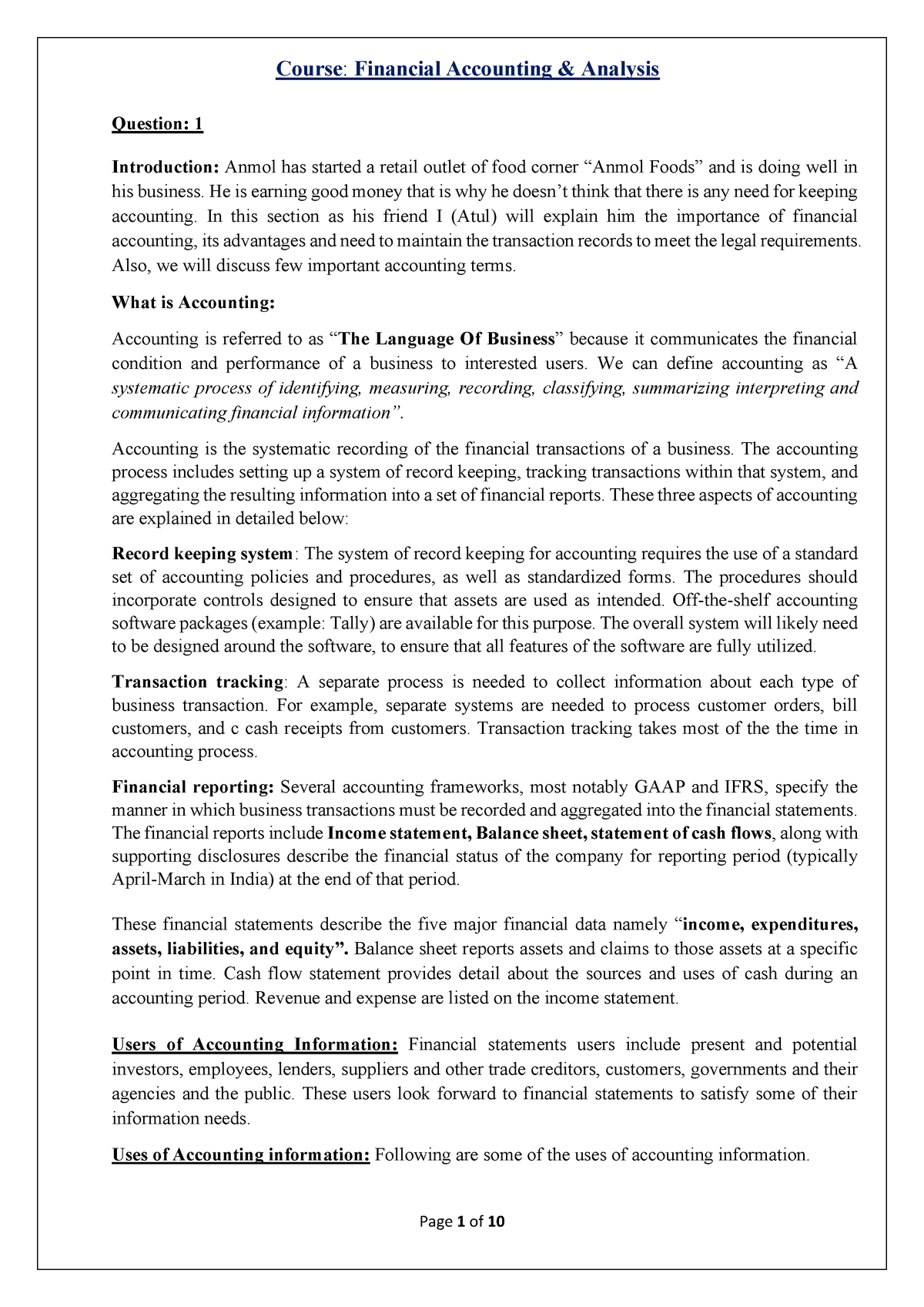 accounting assignment financial statement analysis