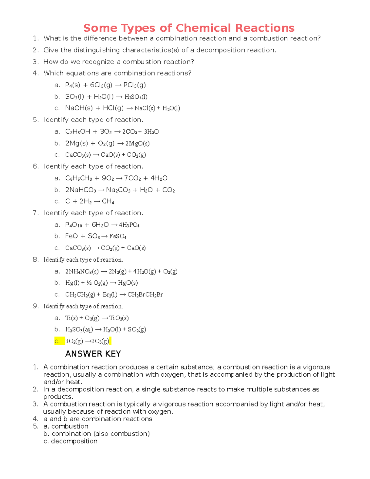 Section 5.4 Worksheet - practice questions - Some Types of Chemical ...