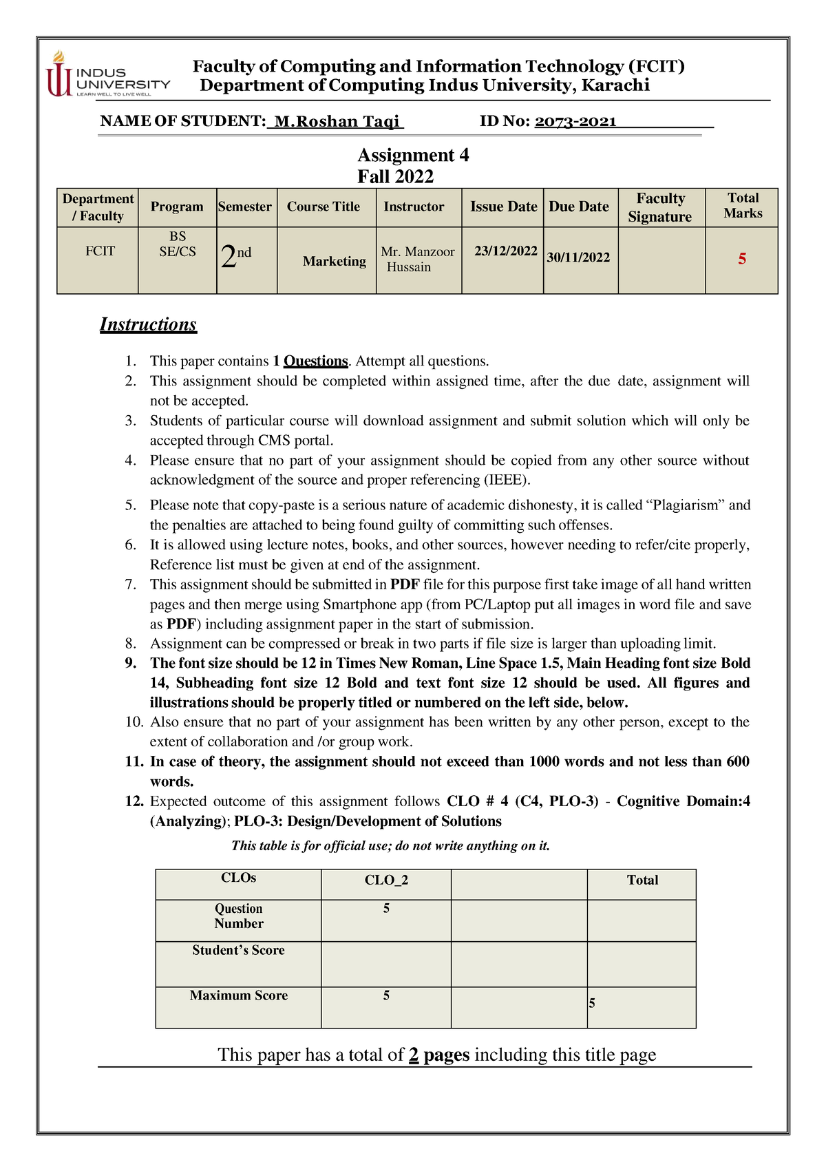 indus university assignment title page