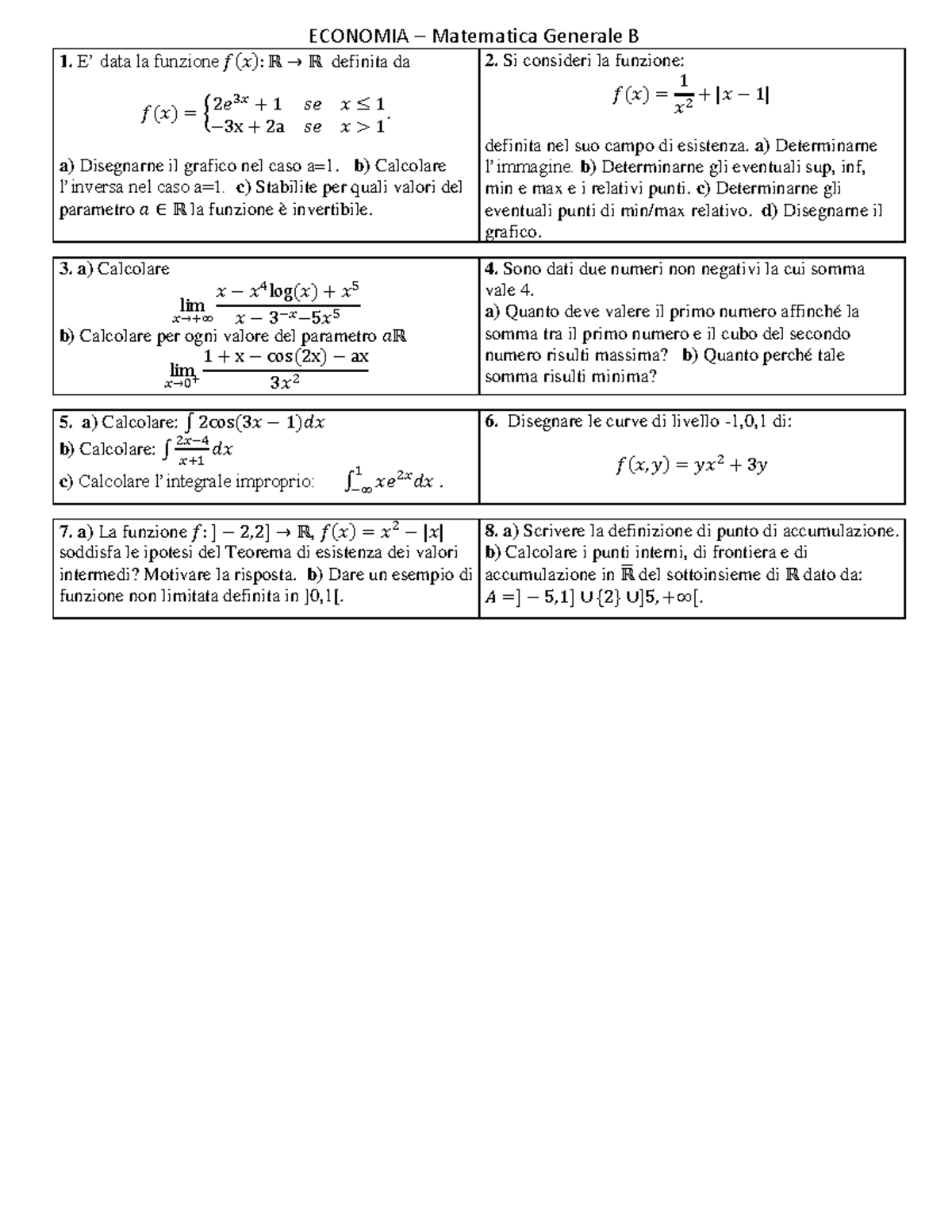 Esercizi Esame Matematica - Matematica Generale - UniUd - Studocu