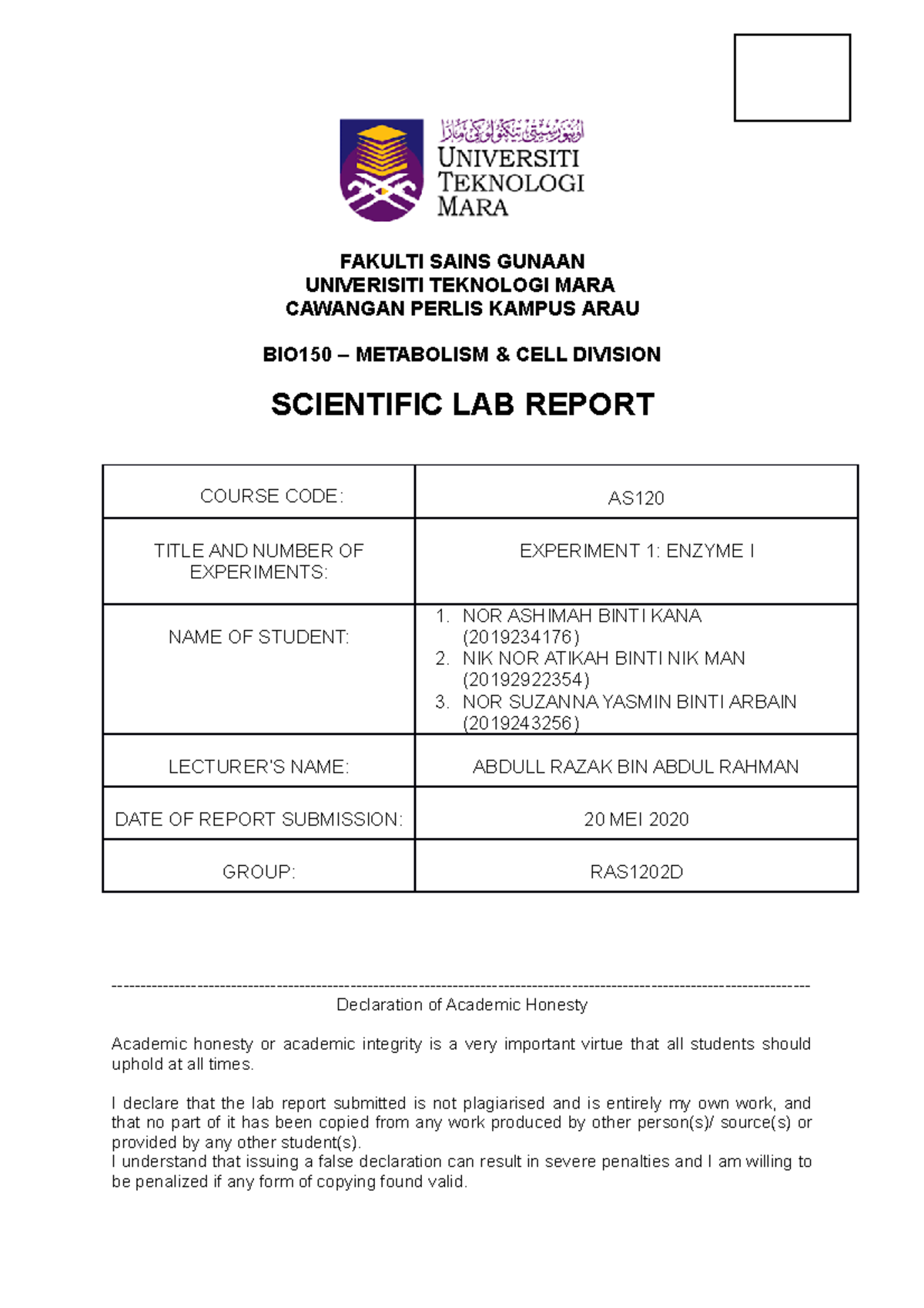 LAB Report BIO150 Experiment Enzyme 1 - FAKULTI SAINS GUNAAN ...