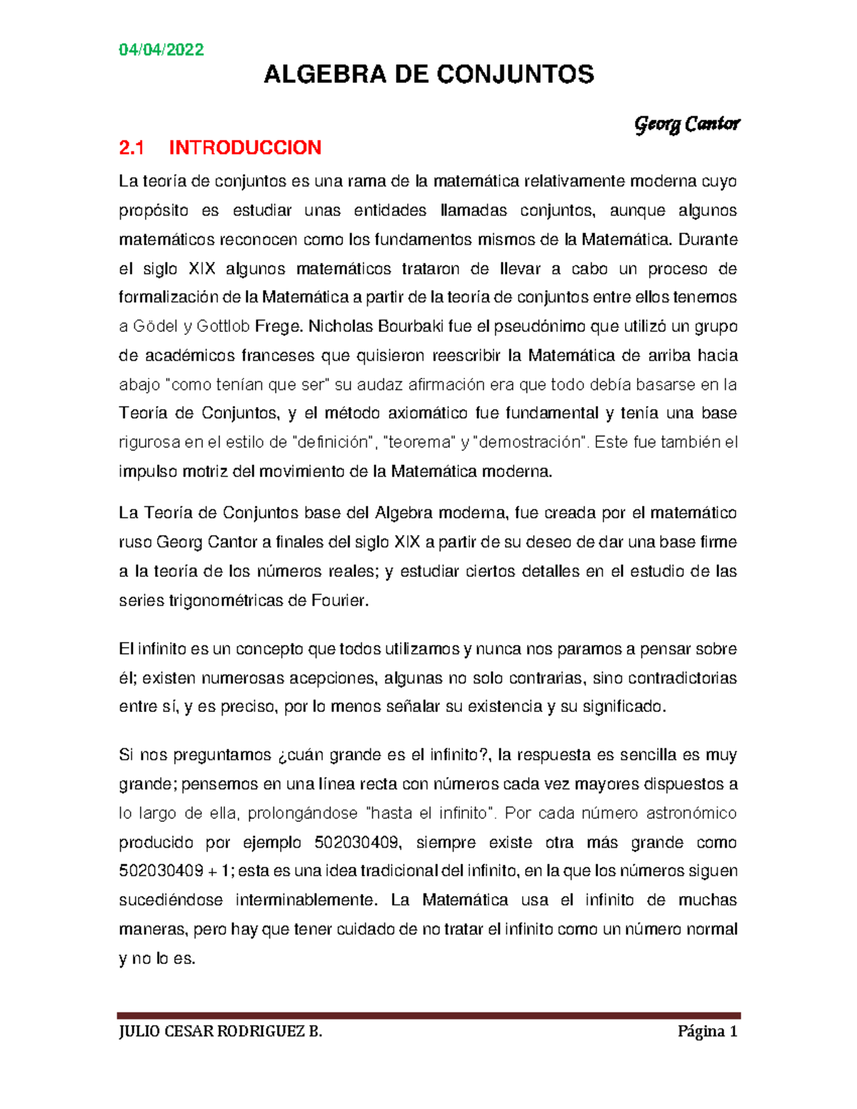 Tema-cojuntos - Algebra 1 - 04/04/ ALGEBRA DE CONJUNTOS Georg Cantor 2 ...