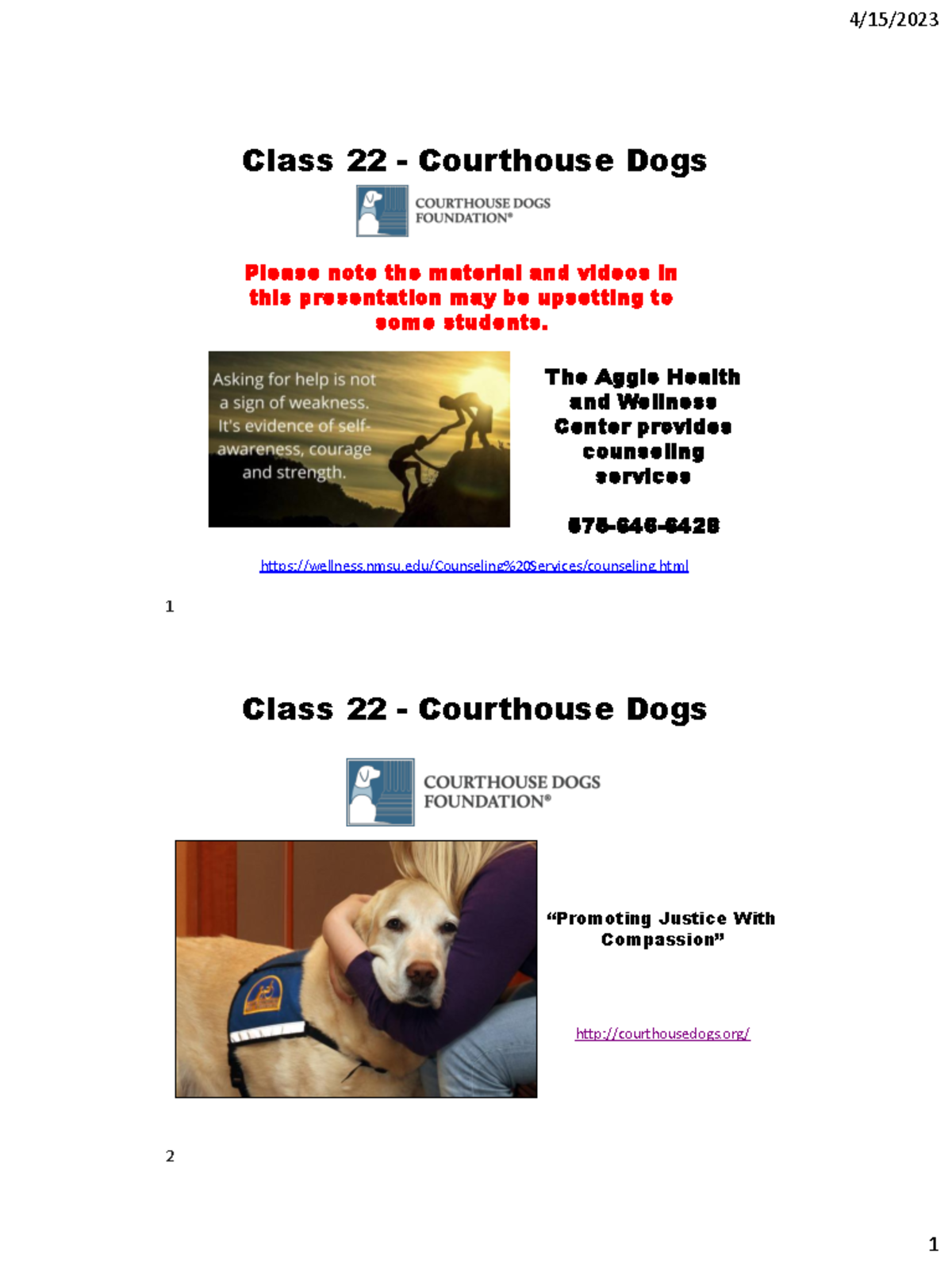 Class 22-Courthouse Dogs - Please note the material and videos in this ...