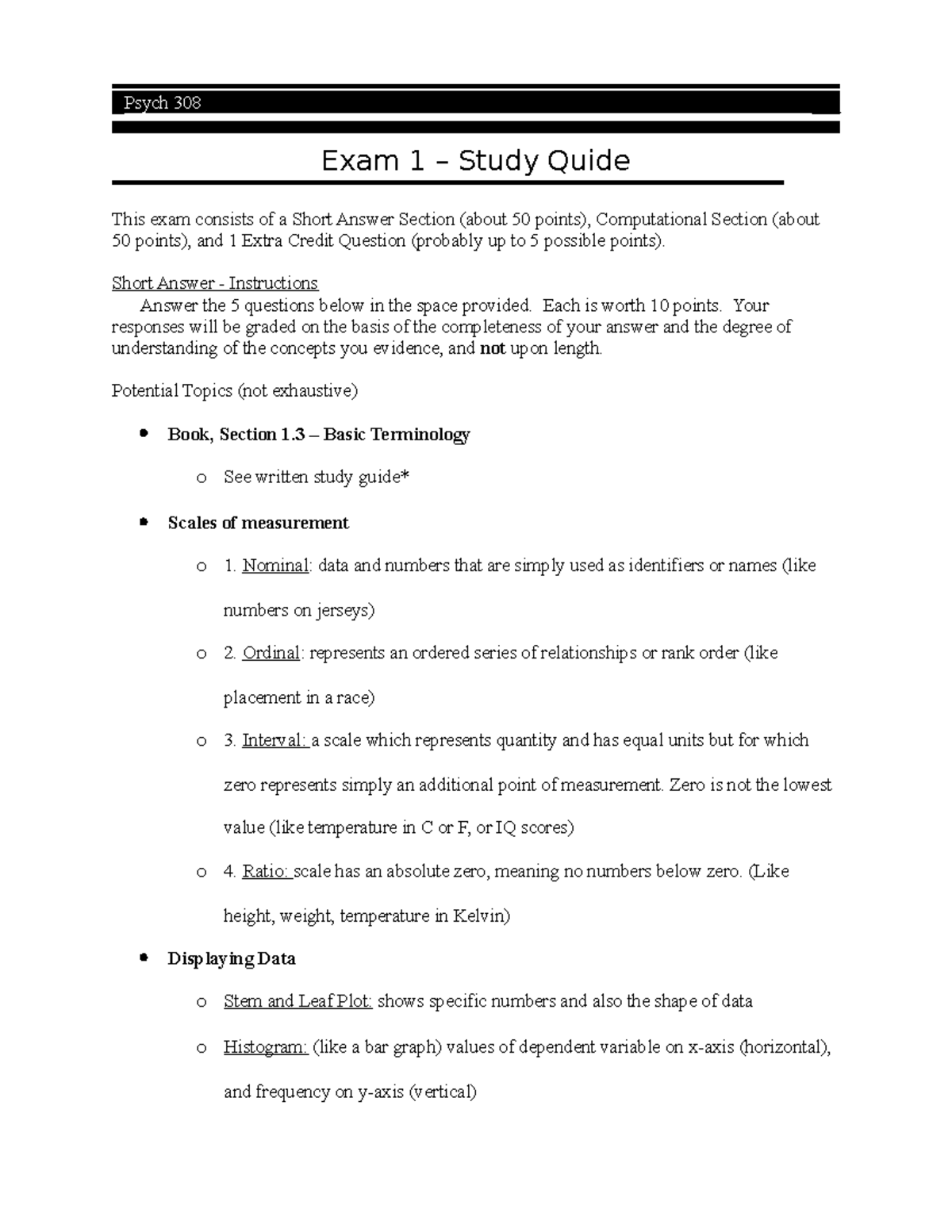 Psych 308 Unit 1 Sg Psych 308 Exam 1 Study Quide This Exam Consists Of A Short Answer Section Studocu