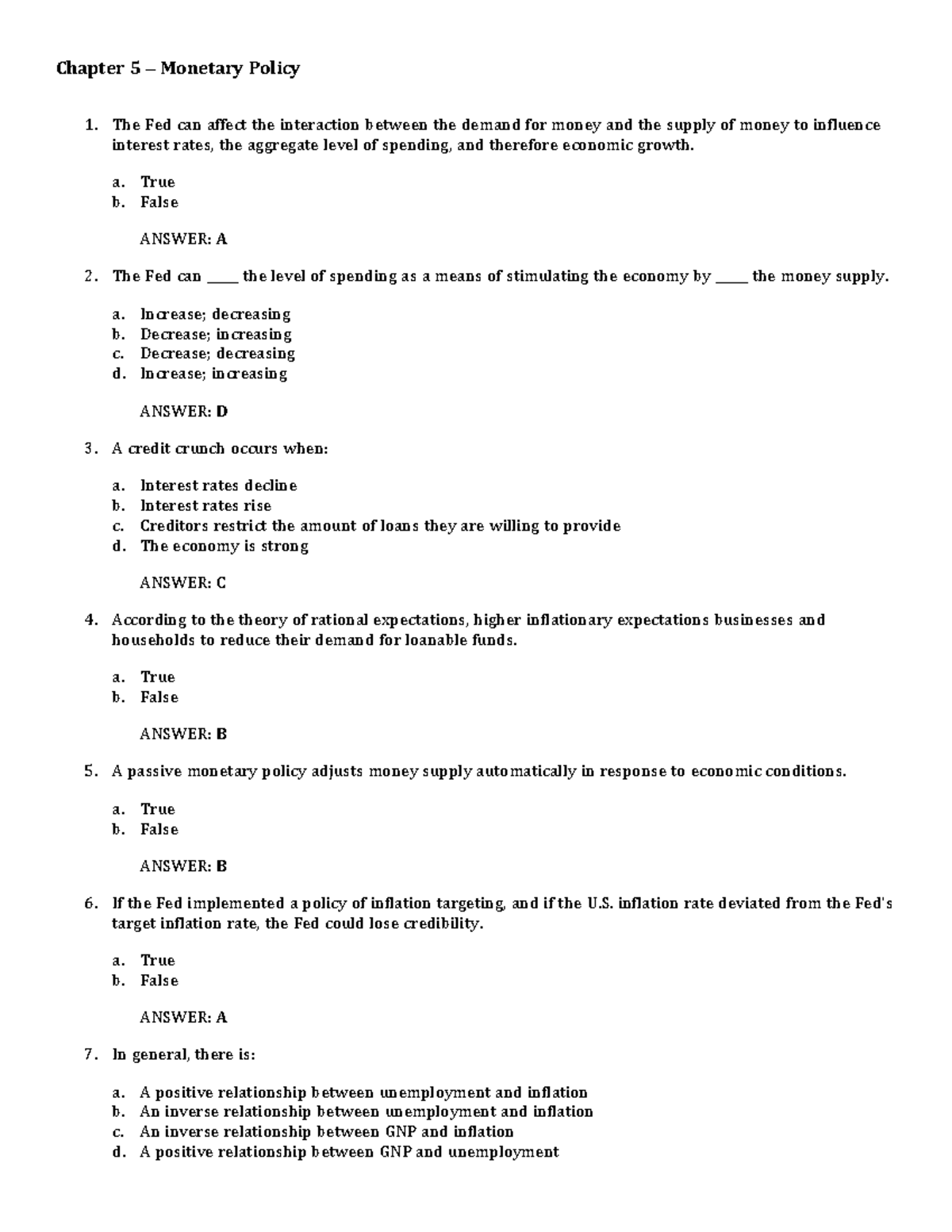 Chapter-5 - Monetary policy - Chapter 5 – Monetary Policy The Fed can ...