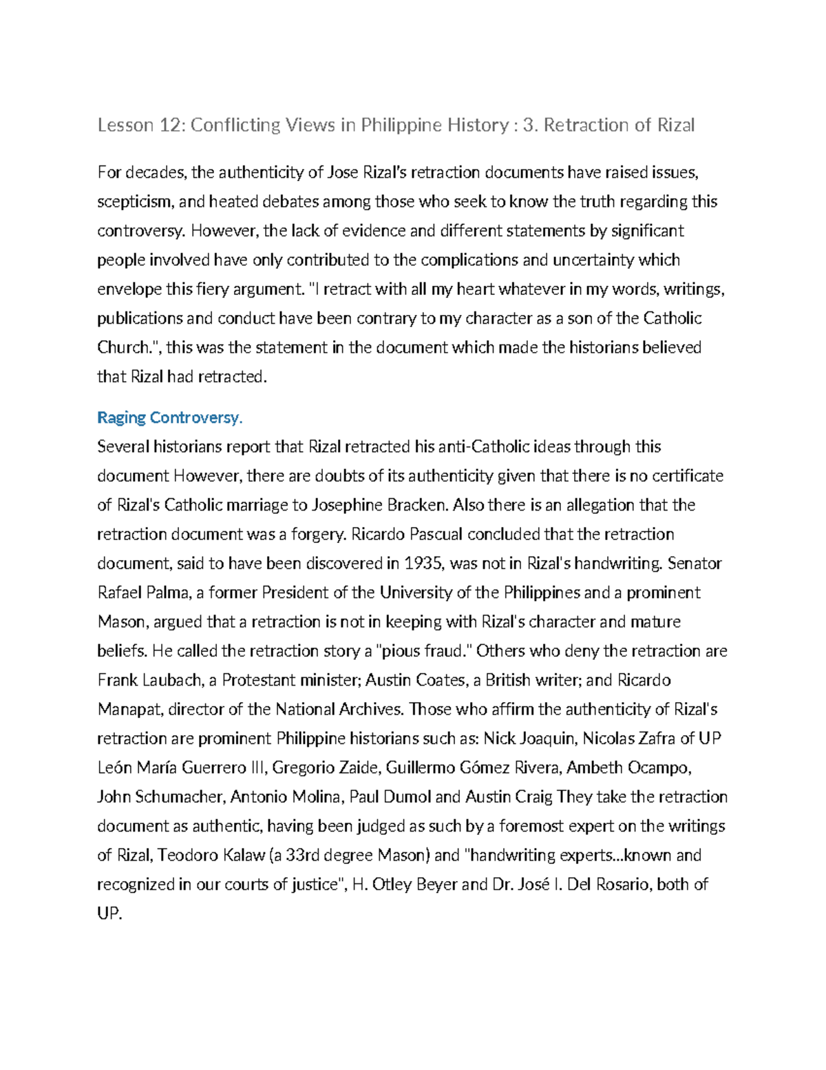 Retraction of Rizal Lesson 12 Conflicting Views in Philippine