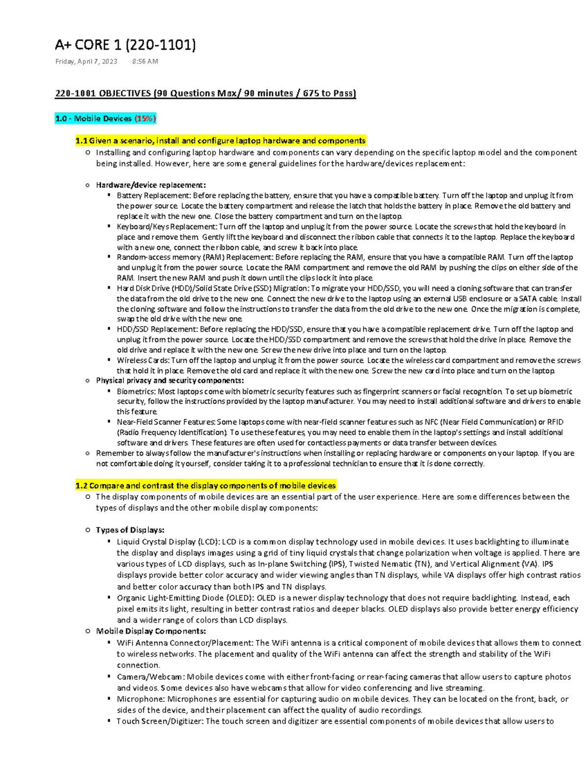 2201101 (Core 1) Objectives Broken Down 220 1001 OBJECTIVES (90 Questions Max/ 90 minutes