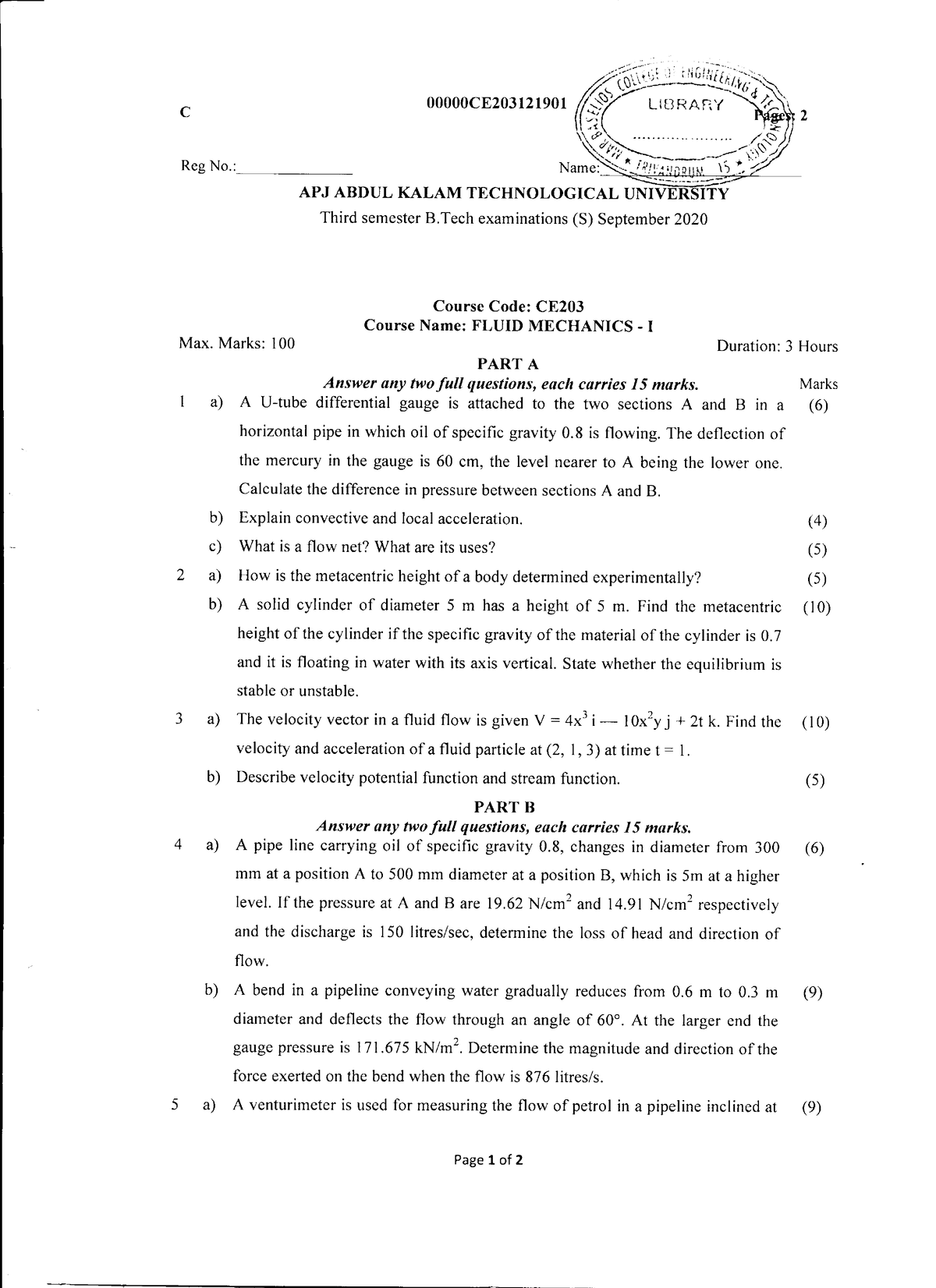 Ce203-b - Question Paper - Fluid Mechanics And Hydraulics - Studocu