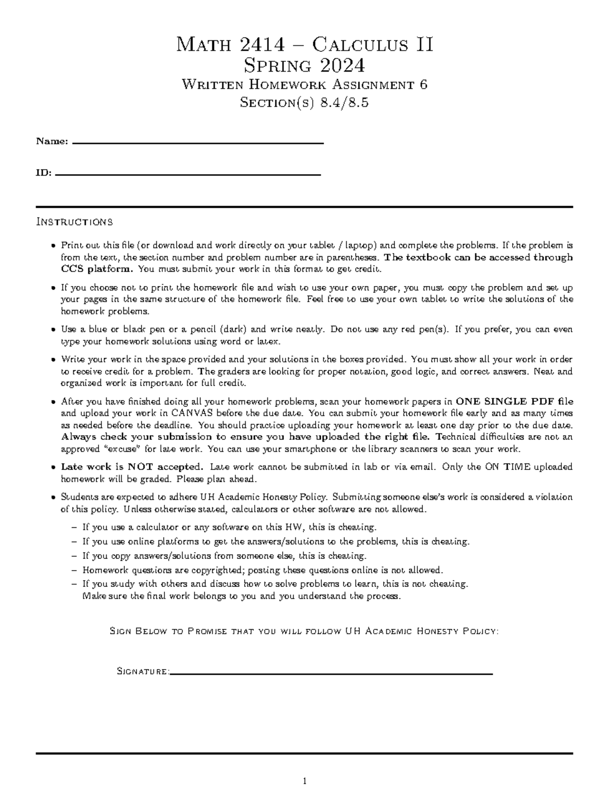 Whw06 - University of Houston - Math 2414 – Calculus II Spring 2024 ...