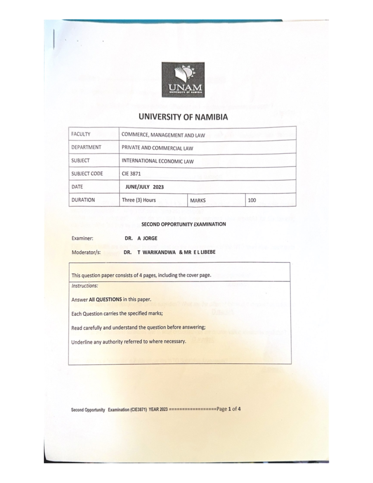 Second Opp EXAM PAPER 2023 LLB HONURS - UNAM UNIVERSITY OF NAMERIA ...
