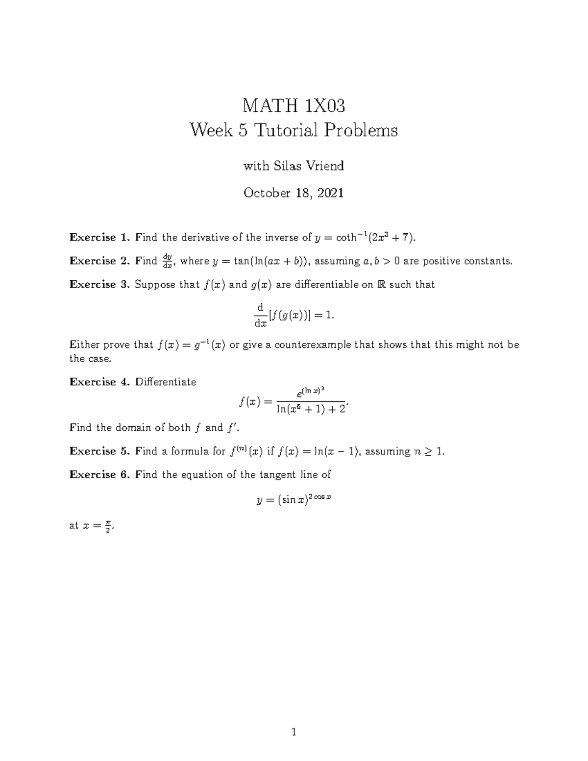 Week 5 Tutorial Problems - Math 1X03 - McMaster - Studocu