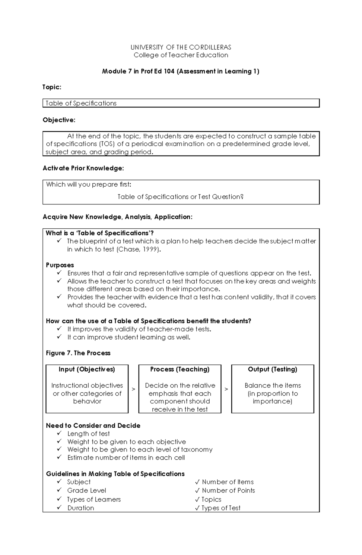 Module 7 - Table of Specifications - UNIVERSITY OF THE CORDILLERAS ...