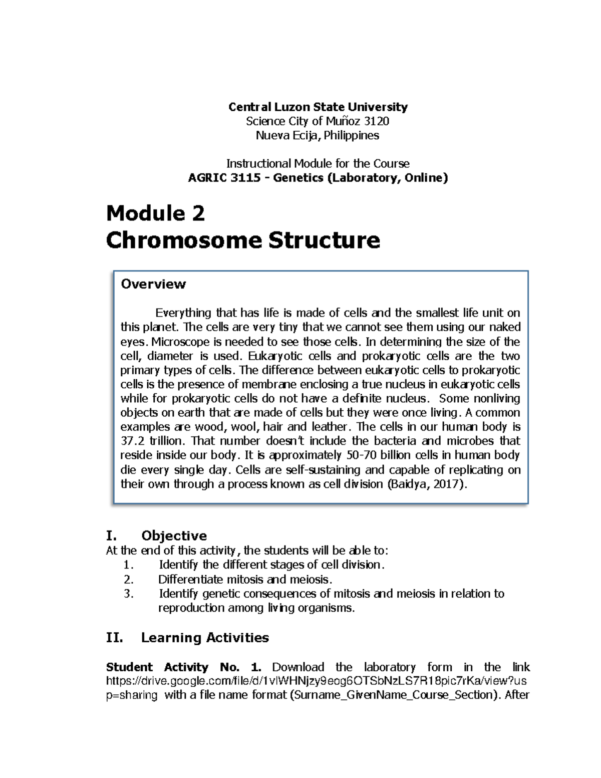 Genetics Lab Ex No 2 - Module 2. Chromosome Structure - Central Luzon ...