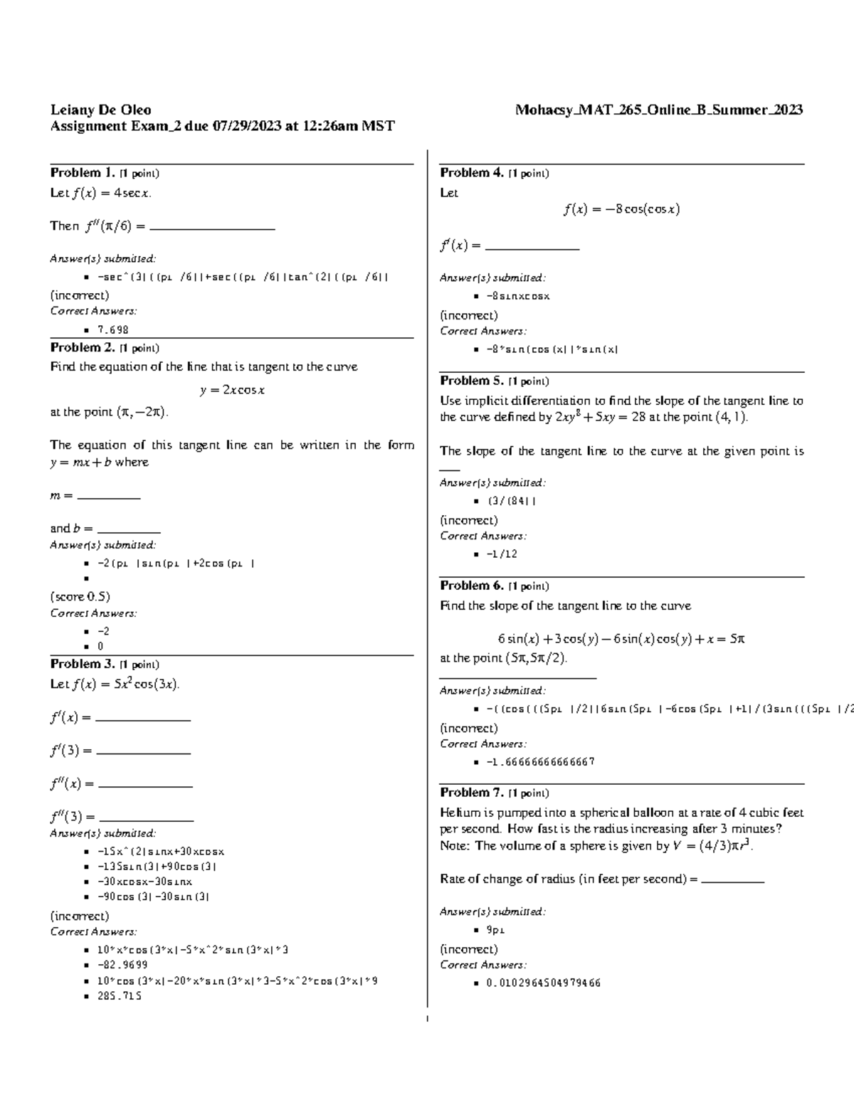 Exam 2 Previous Test Leiany De Oleo Mohacsy MAT 265 Online B Summer 2023 Assignment Exam 2 due
