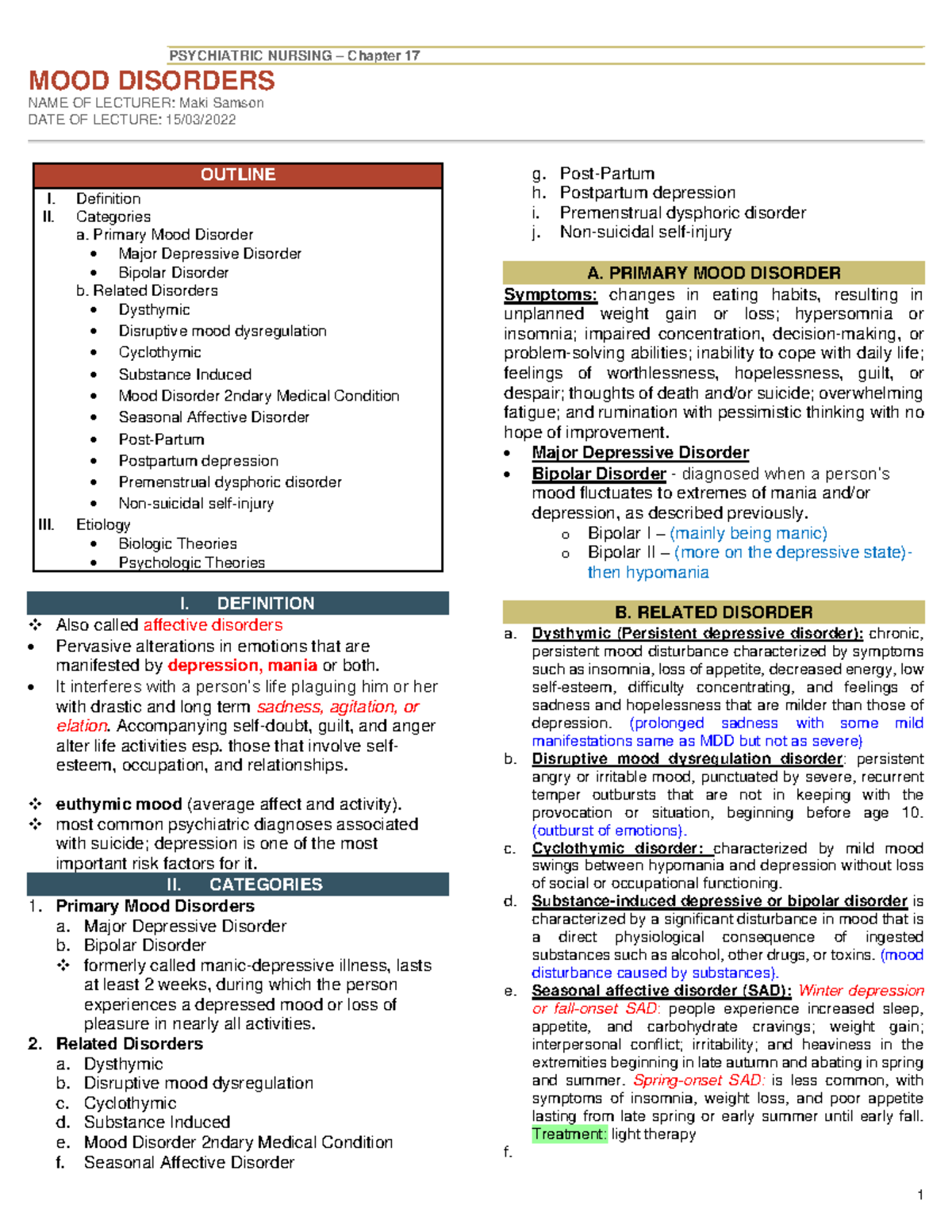 17 - Study! - PSYCHIATRIC NURSING – Chapter 17 MOOD DISORDERS NAME OF ...