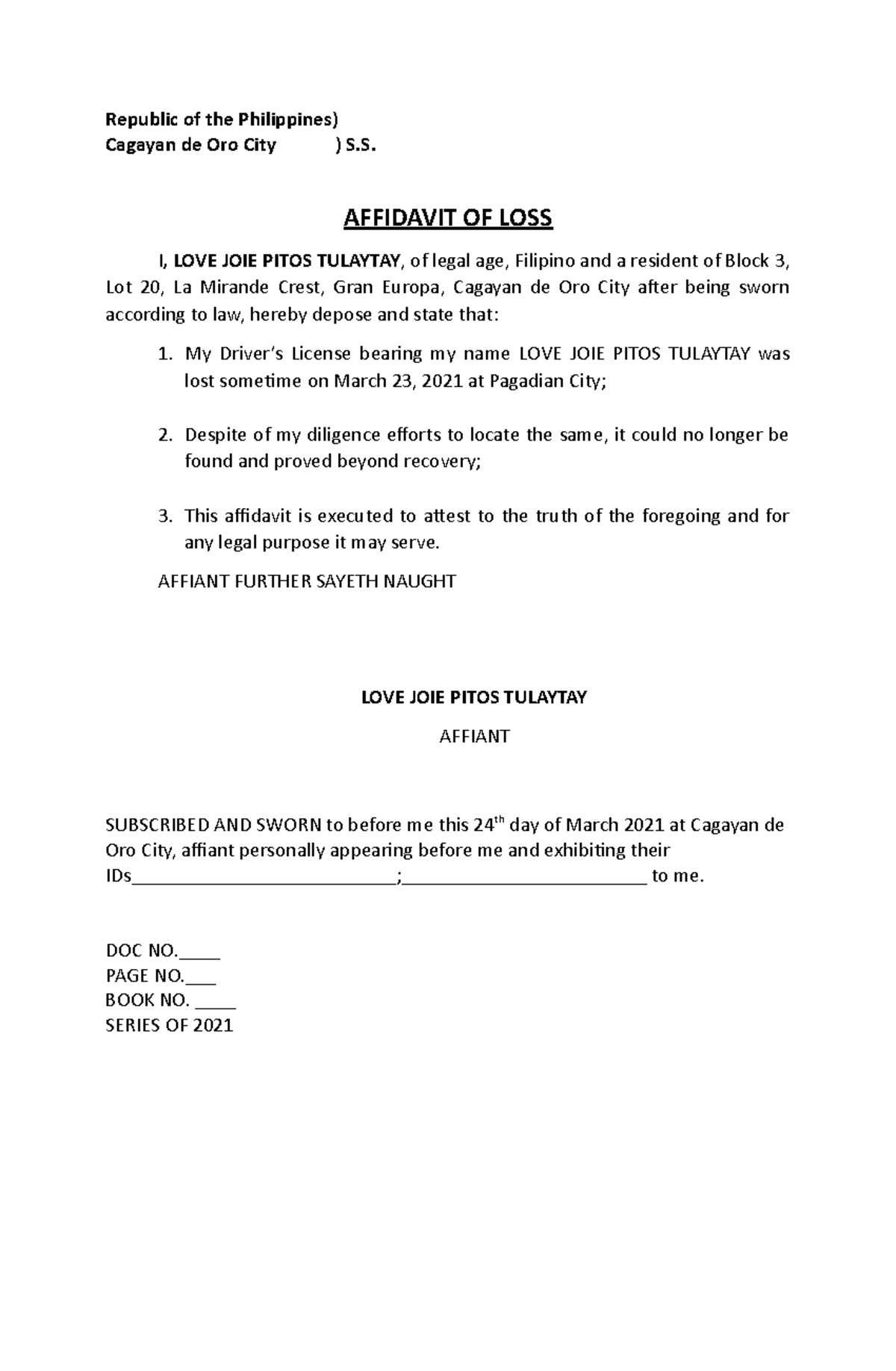 Affidavit Of Loss License Template